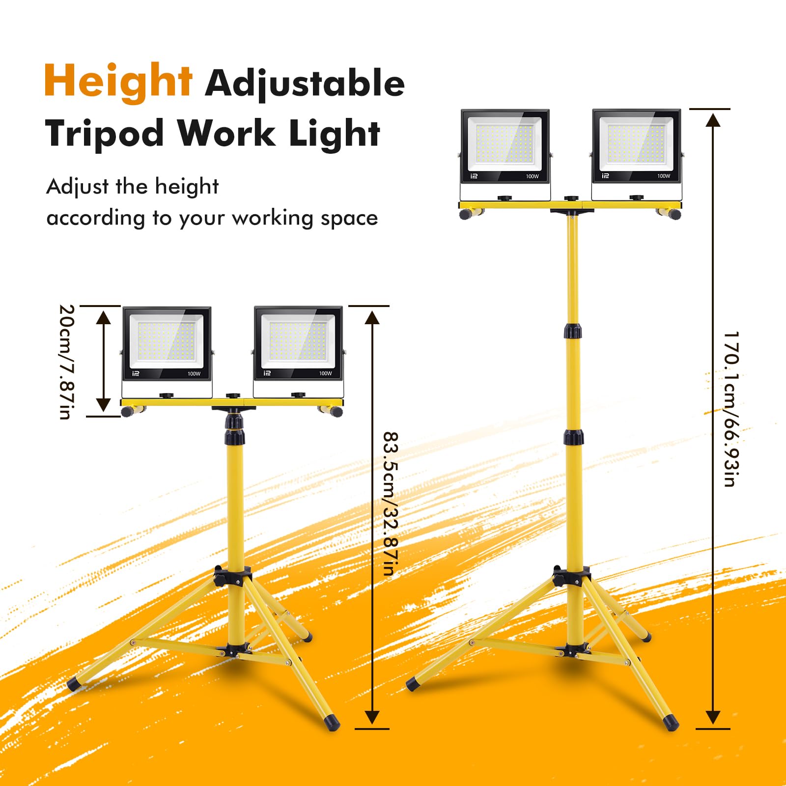 Projecteur LED Chantier avec Trépied, 200W 20000LM 6500K Projecteur Chantier vec Trépied Réglable, Rotation à 360°, luminosité réglable 200W 100W 50W, Étanche IP66 Projecteur de Chantier Pour Chantier