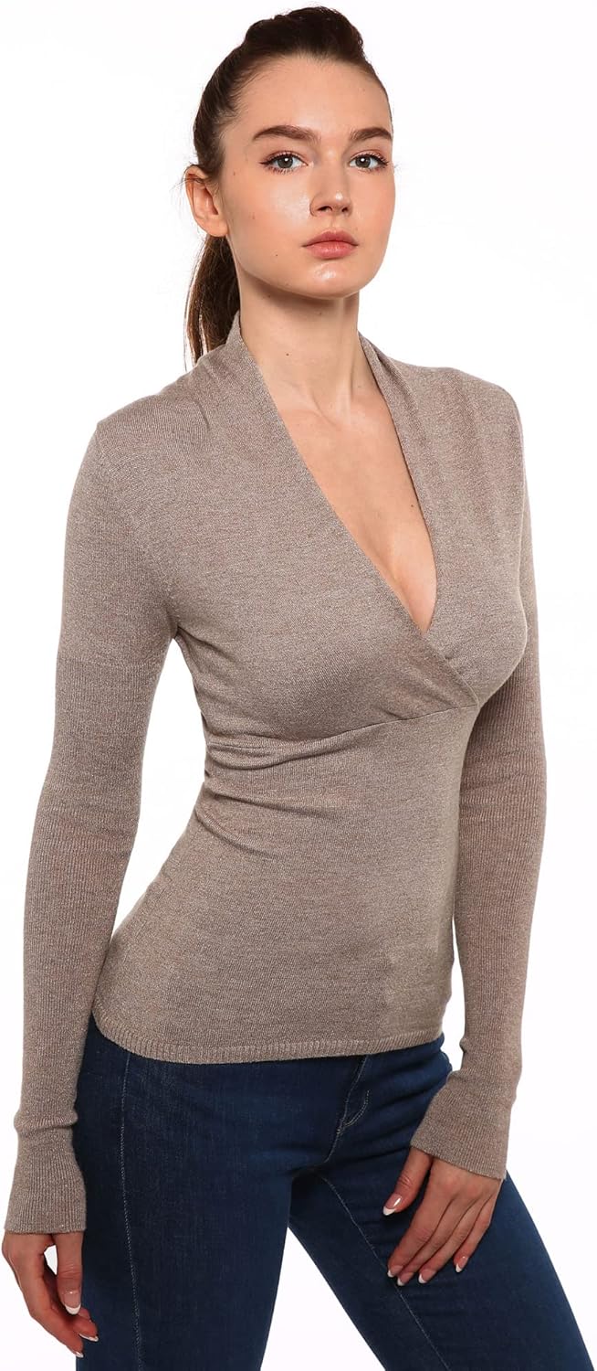 AmélieBoutik Women Deep V Neck Empire Waist Long Sleeve Knit WrapTop Sweater - Image 4