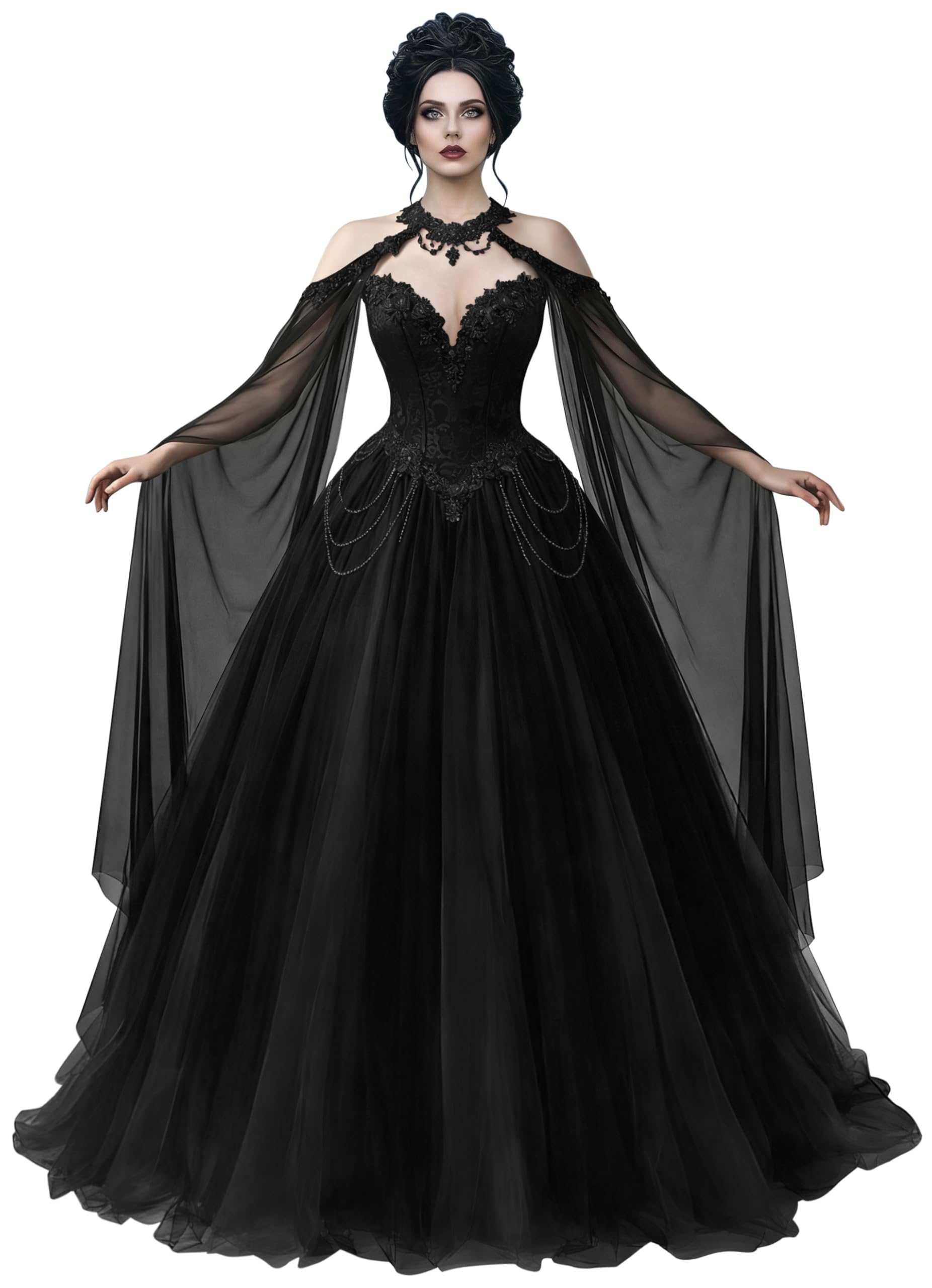 Mauuwy 3D Flowers Vampire Wedding Dress Cape Sleeves Halloween Gothic Bridal Dress for Women Lace Beaded Vestidos de