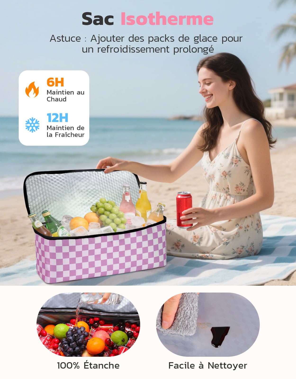 ISEYOU Grand Sac de Plage et Sac Isotherme, 45L Sacs Cabas Femme Imperméables avec Fermeture Éclair, Compartiment Sec-Humide, XXL Sacs Piscine Famille pour Voyage, Vacances, Pique-Nique, Gym