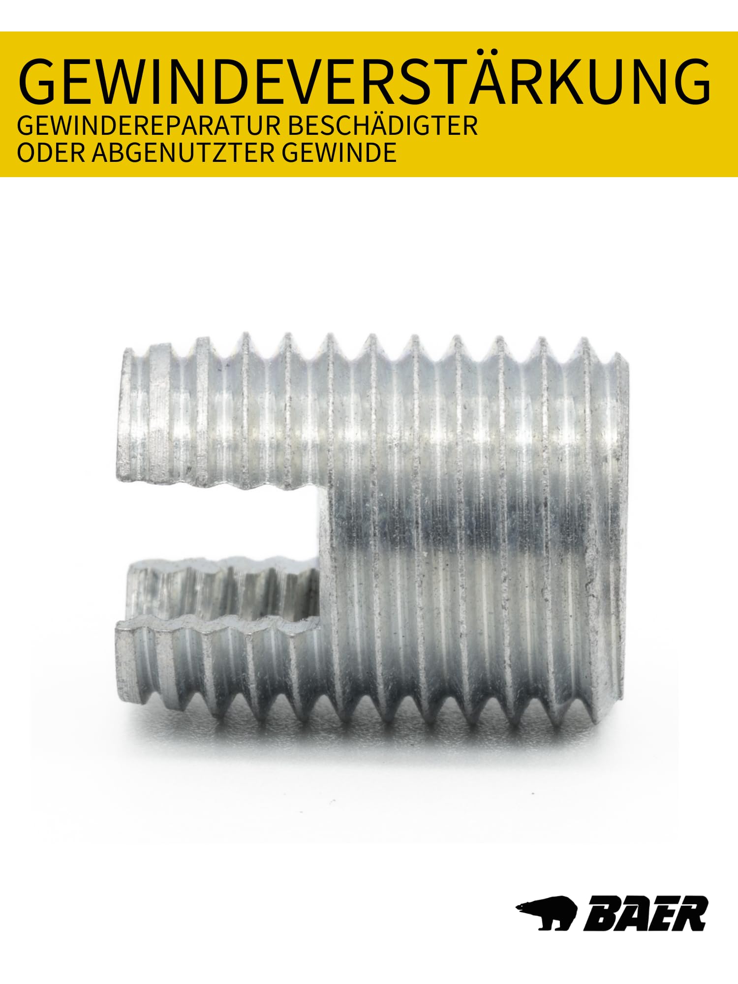 BaerFix Gewindeeinsätze mit Schneidschlitzen 100 Stück - selbstschneidend - Gewindereparatur beschädigter oder abgenutzter Gewinde - sehr hohe Auszugsfestigkeit (100, M 6 x 1,0-14 mm)