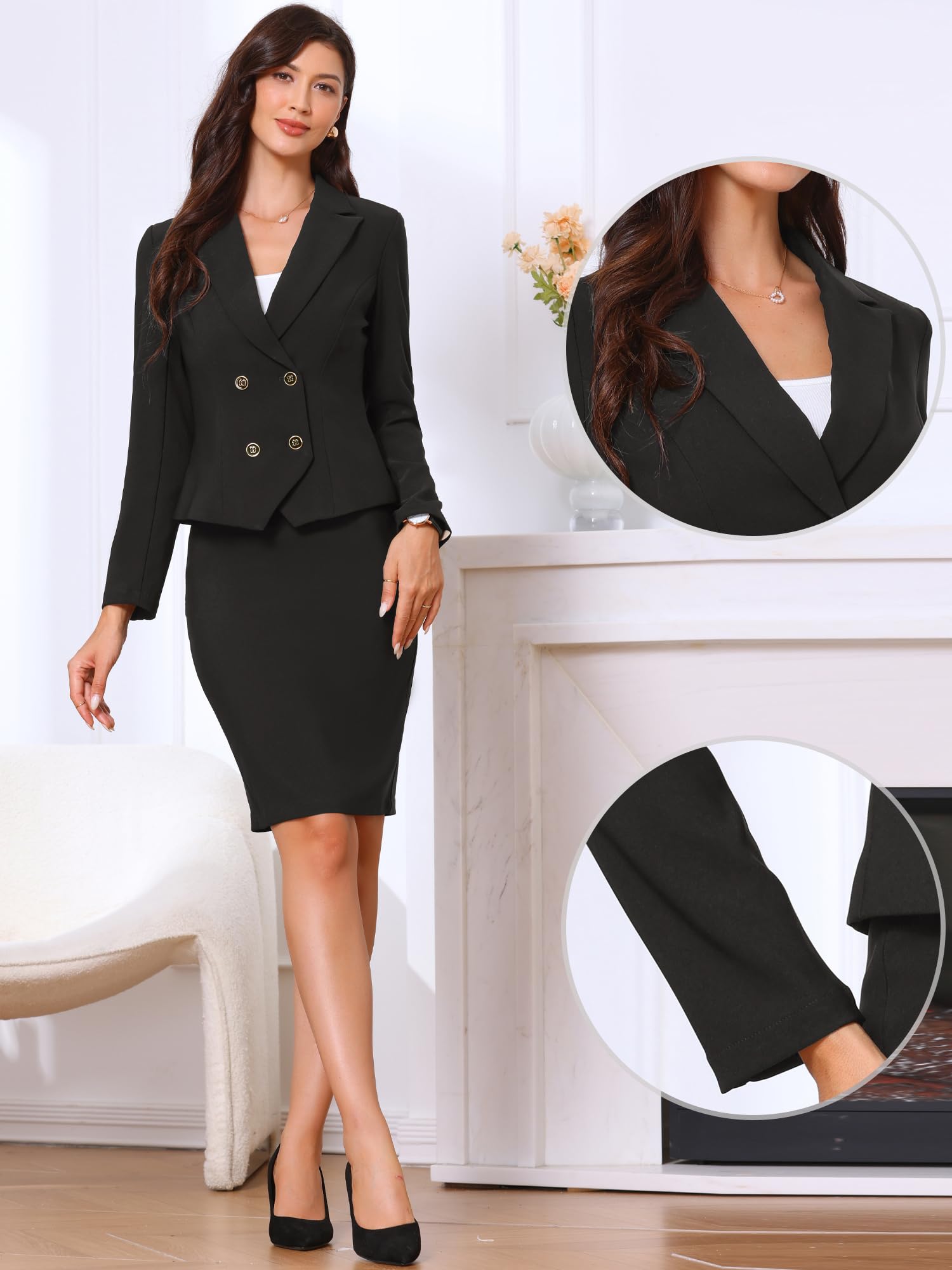 Allegra K Ensemble de Costume 2 Pièces Femme Blazer Revers Crantés à Manches Longues avec Jupe Moulante Tailleurs de Bureau Formelle