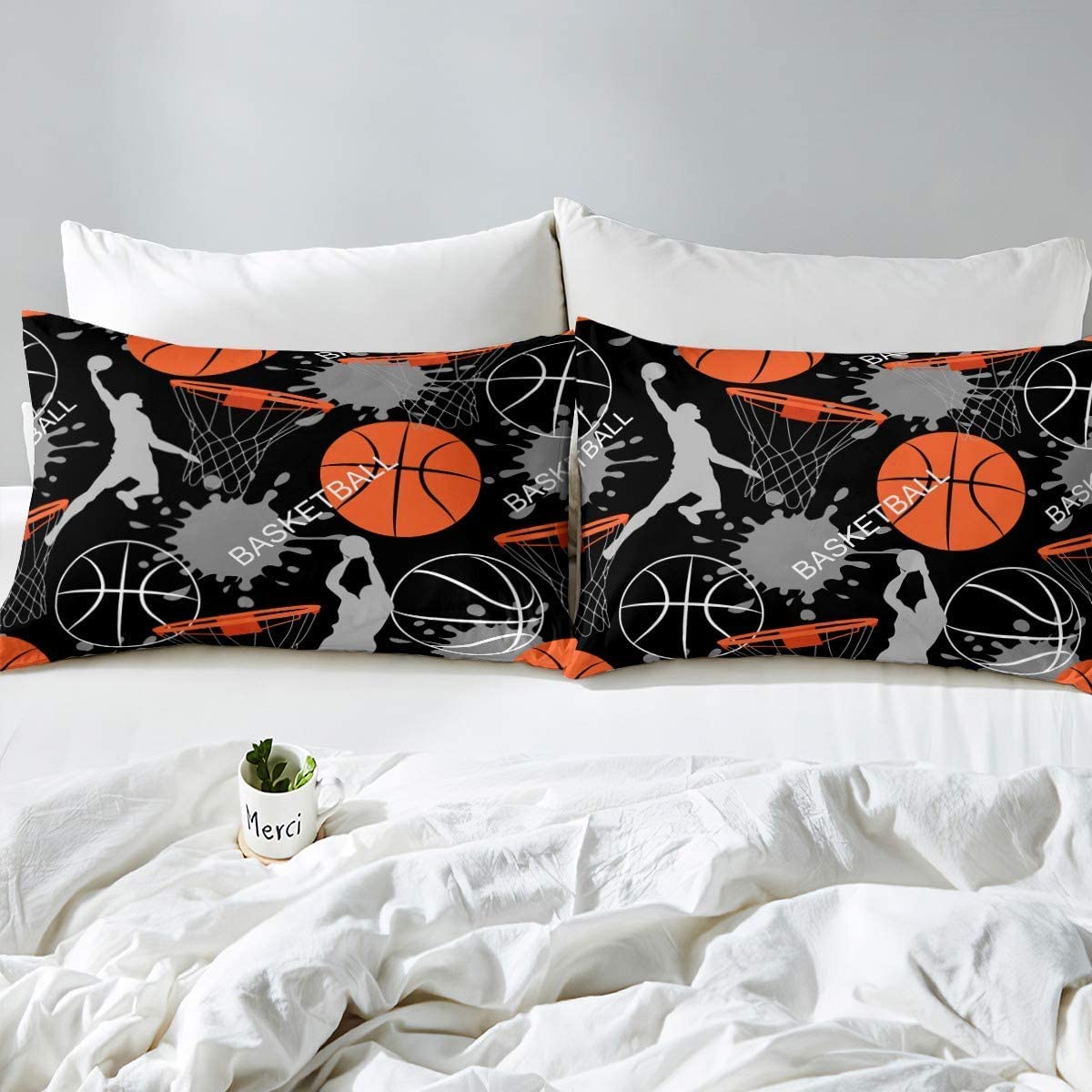 Loussiesd Juego de ropa de cama de baloncesto para niños, funda de edredón deportiva para niños, adolescentes, 1 funda de edredón con 1 funda de almohada, color negro y naranja, tamaño individual