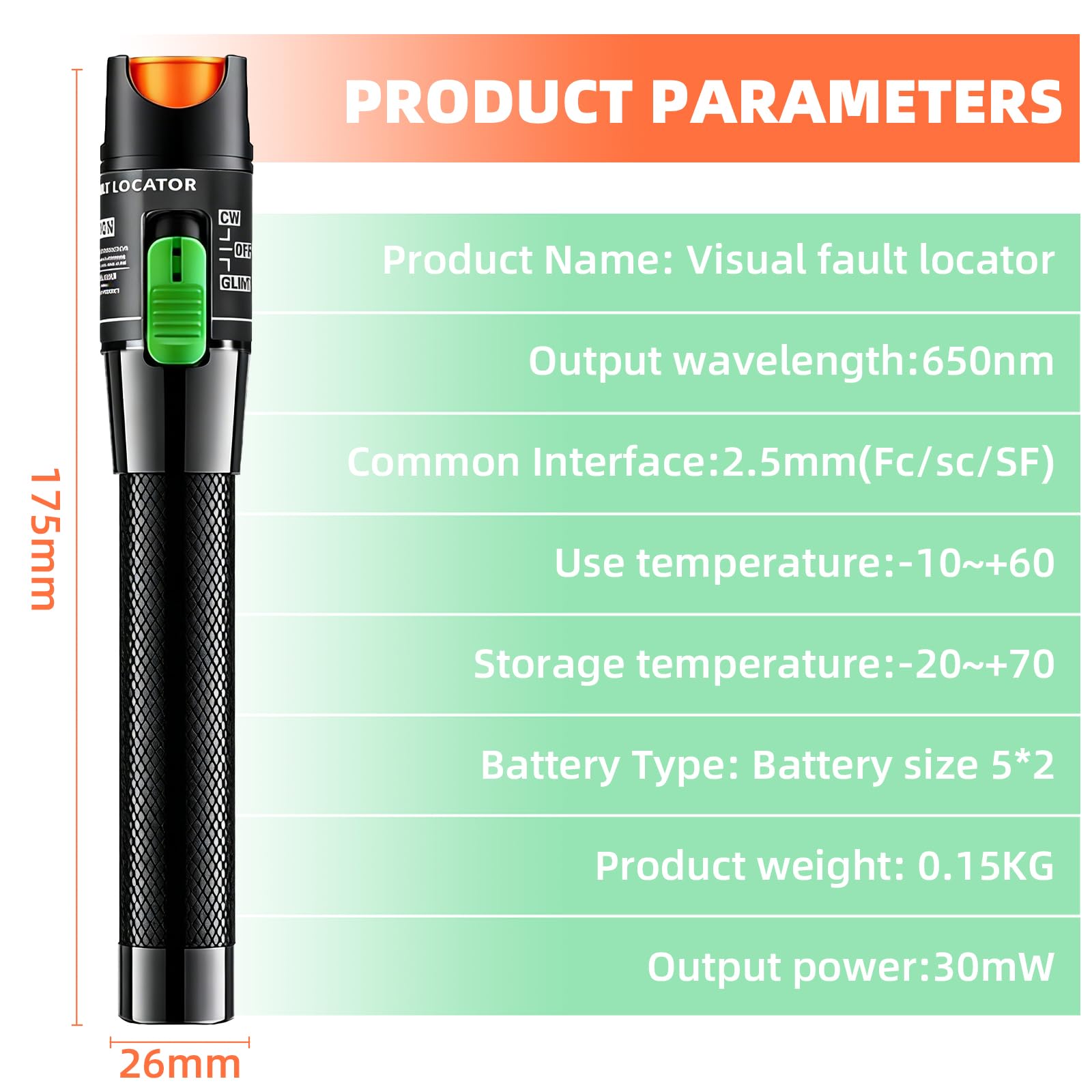Localizador visual de fallas de 30 mW, pluma probadora de cable de fibra óptica FTTH, compatible con interfaz de 2,5 mm (SC/FC/ST), Herramienta VFL