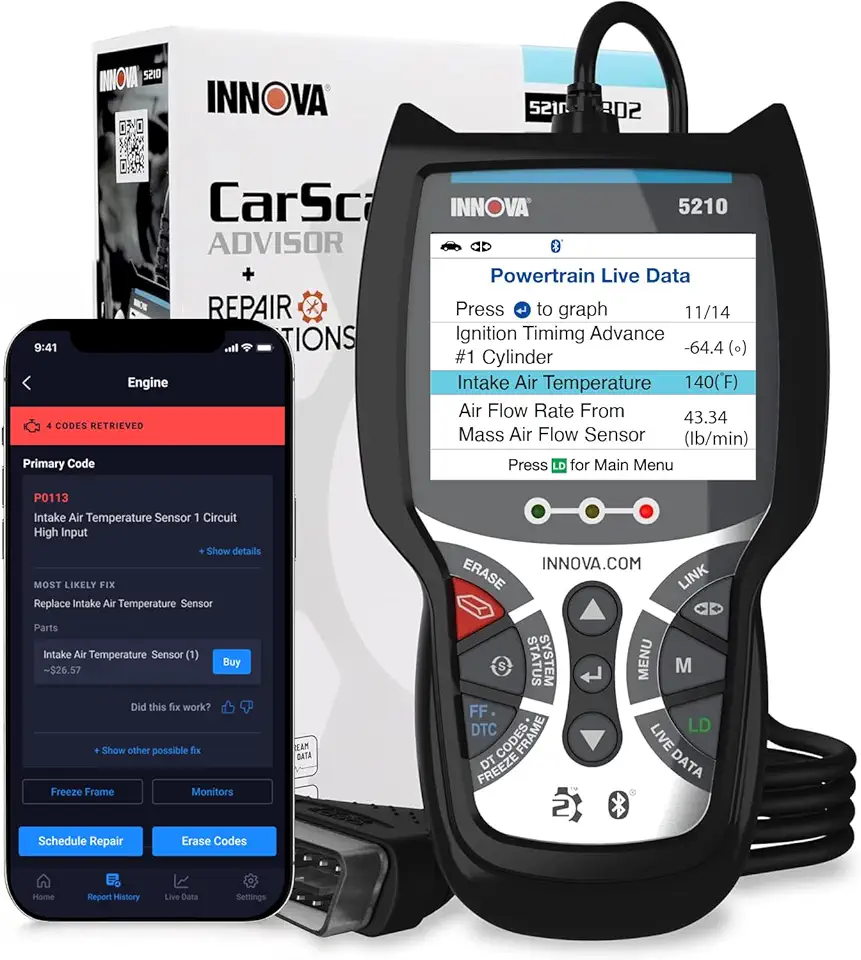 Innova 5210 OBD2 Scanner &amp; Engine Code Reader, Battery Tester, Live Data, Oil Reset, Car Diagnostic Tool for Most Vehicles, Bluetooth Compatible with America's Top Car Repair App