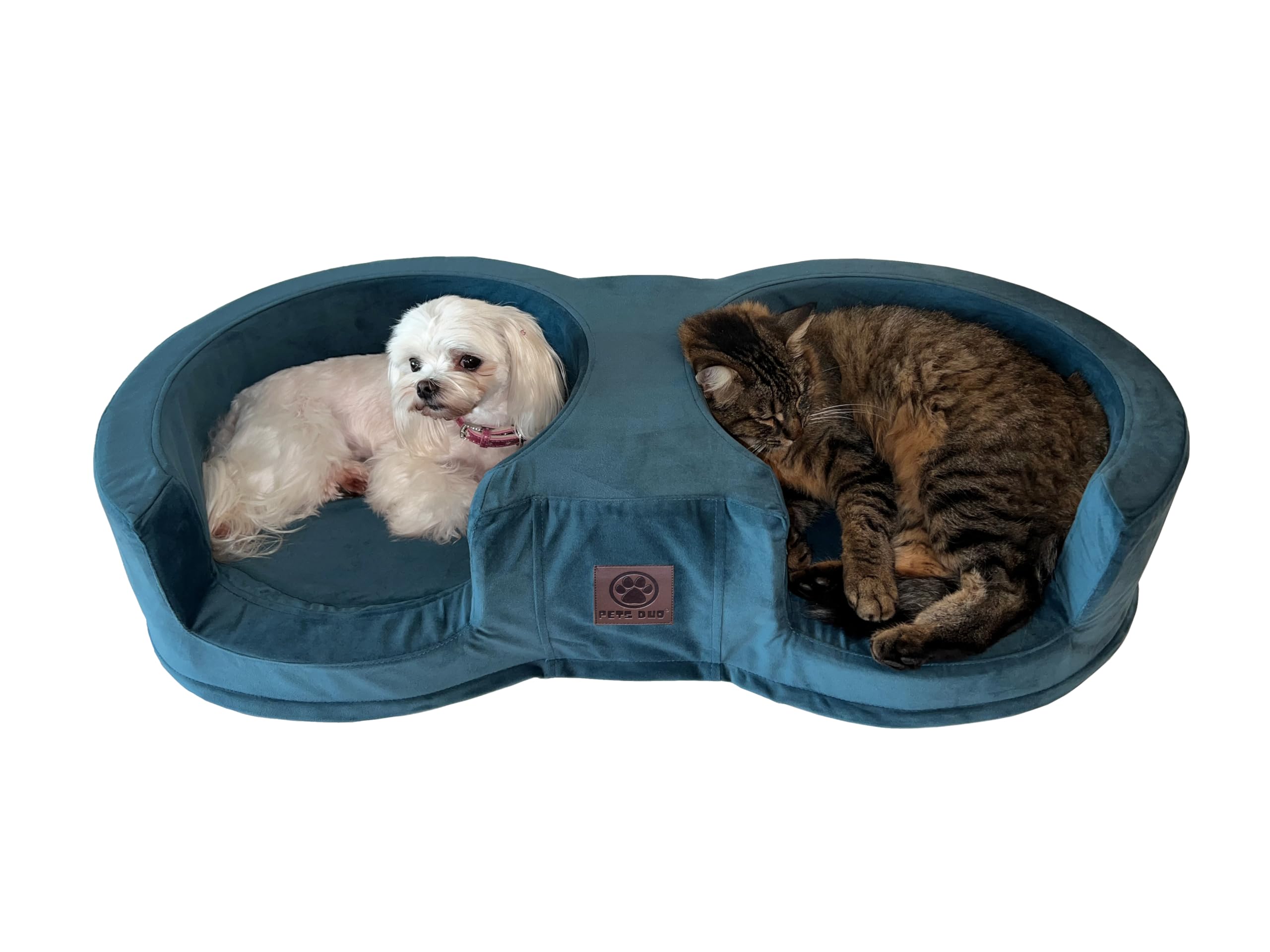 Pets Duo Cama doble para gatos y perros pequeños, cama de espuma viscoelástica para mascotas con funda de terciopelo lavable y duradera de lujo, cama de felpa antiansiedad para perros y gatos (azul