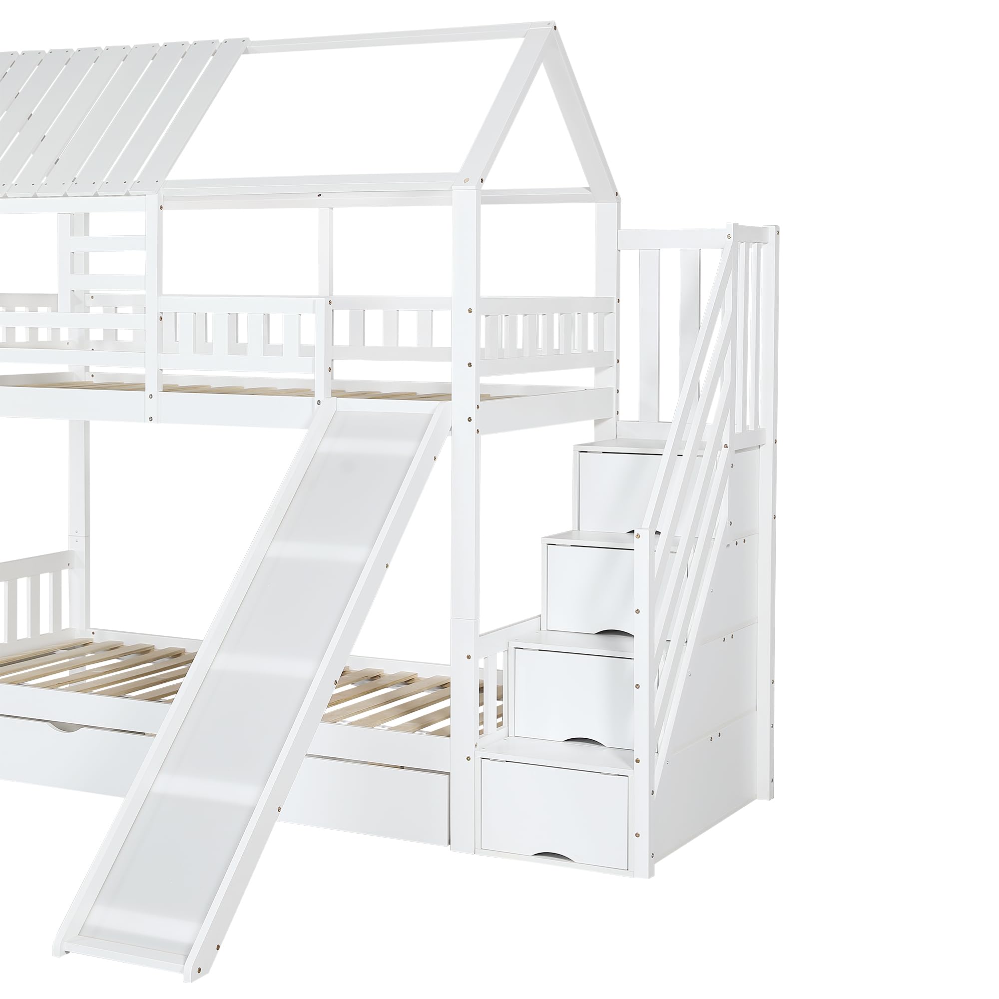 Letto a castello con scala e scivolo, letto a casa, scala con vano portaoggetti, telaio in legno di pino e MDF, letto per bambini con finestra e tetto, con griglia anticaduta e cassetto