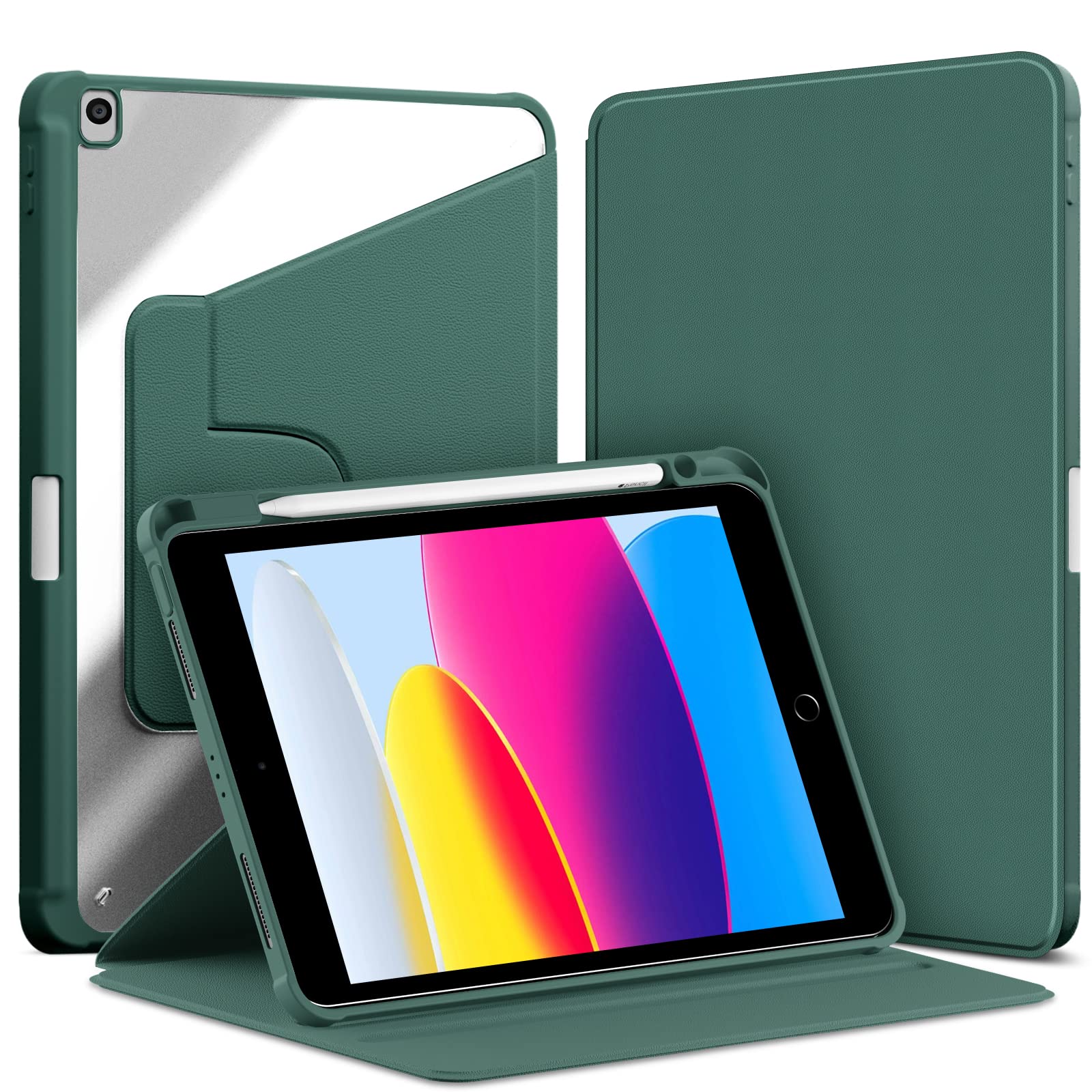 VAGHVEORotating Case for iPad 10.2 Inch 9th / 8th / 7th Generation (2021/2020/2019), iPad Air 3rd 2019 10.5 / iPad Pro 10.5 Book Flip Transparent Cases 360 Degree Rotating Stand Cover, Dark Green