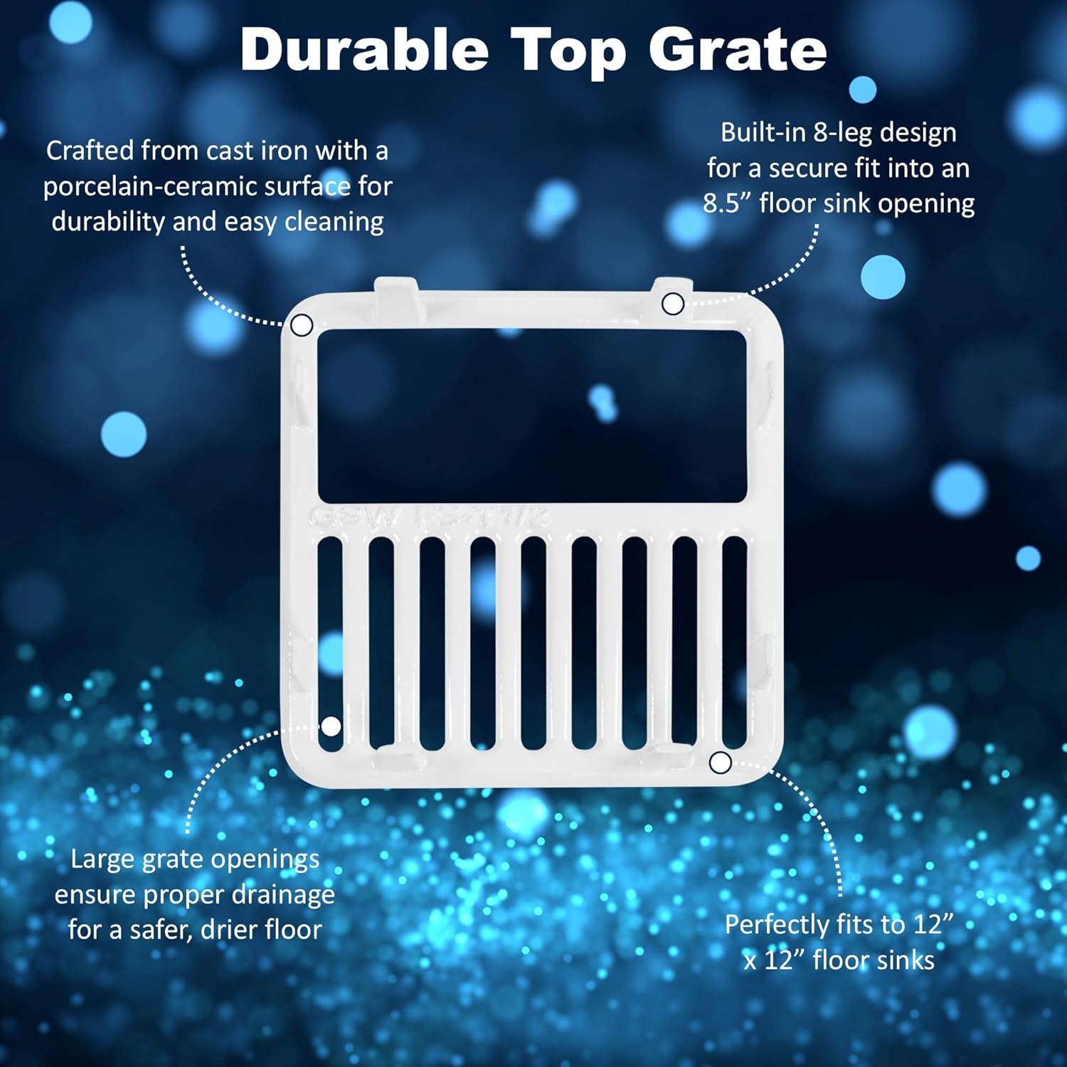 GSW Cast Iron Porcelain Floor Sink Top Grate with Ceramic Surface FS-T1/2, 9-⅜” x 9-⅜” x 1-¼” - Perfect for Restaurant, Bar, Buffet (½ Size)