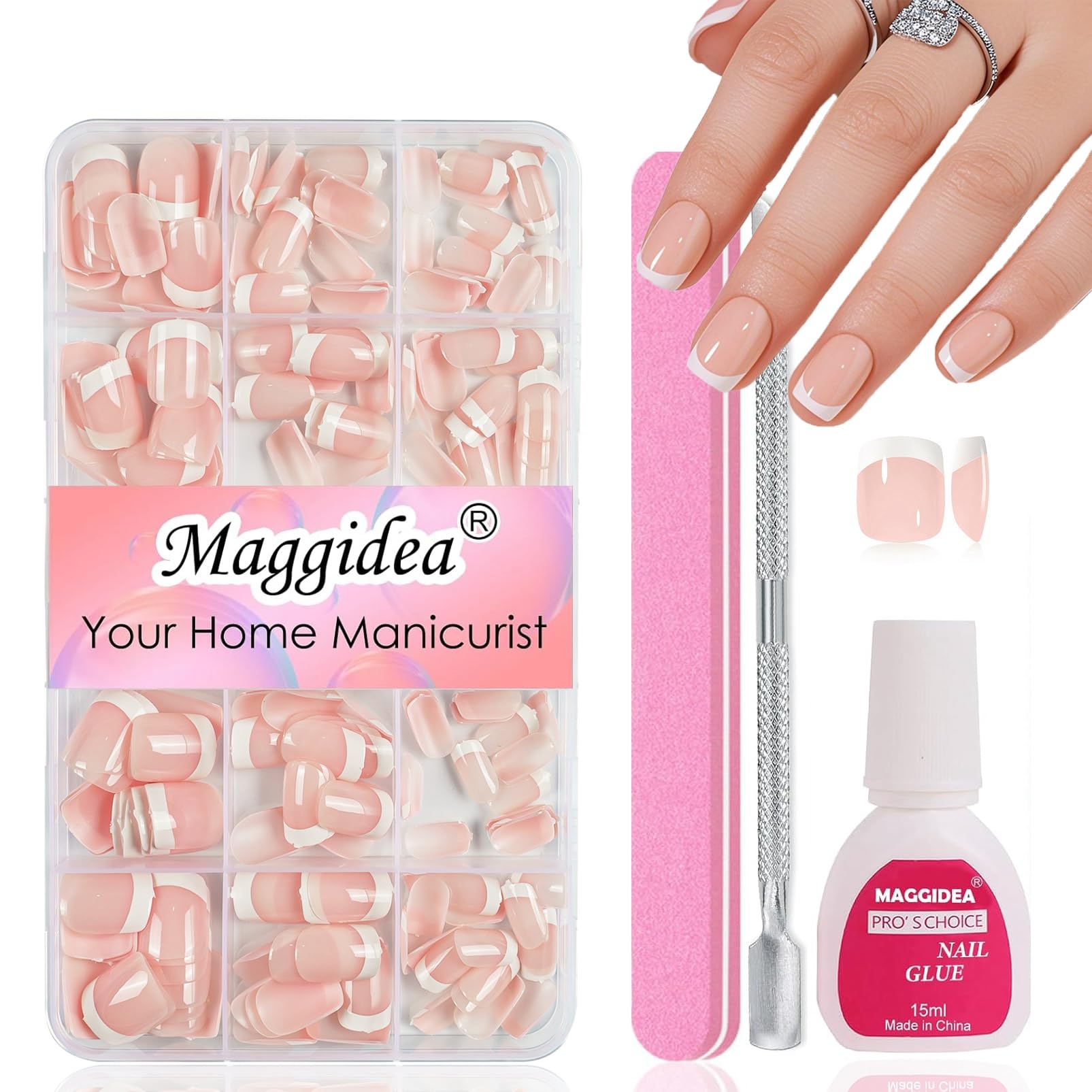 240Pcs French Tip False Nails - Short Press On Nails with White Tip for Women Girls - 15 Sizes Full Cover Stick & Glue On Reusable Square Fake Nails - French Manicure Decorations