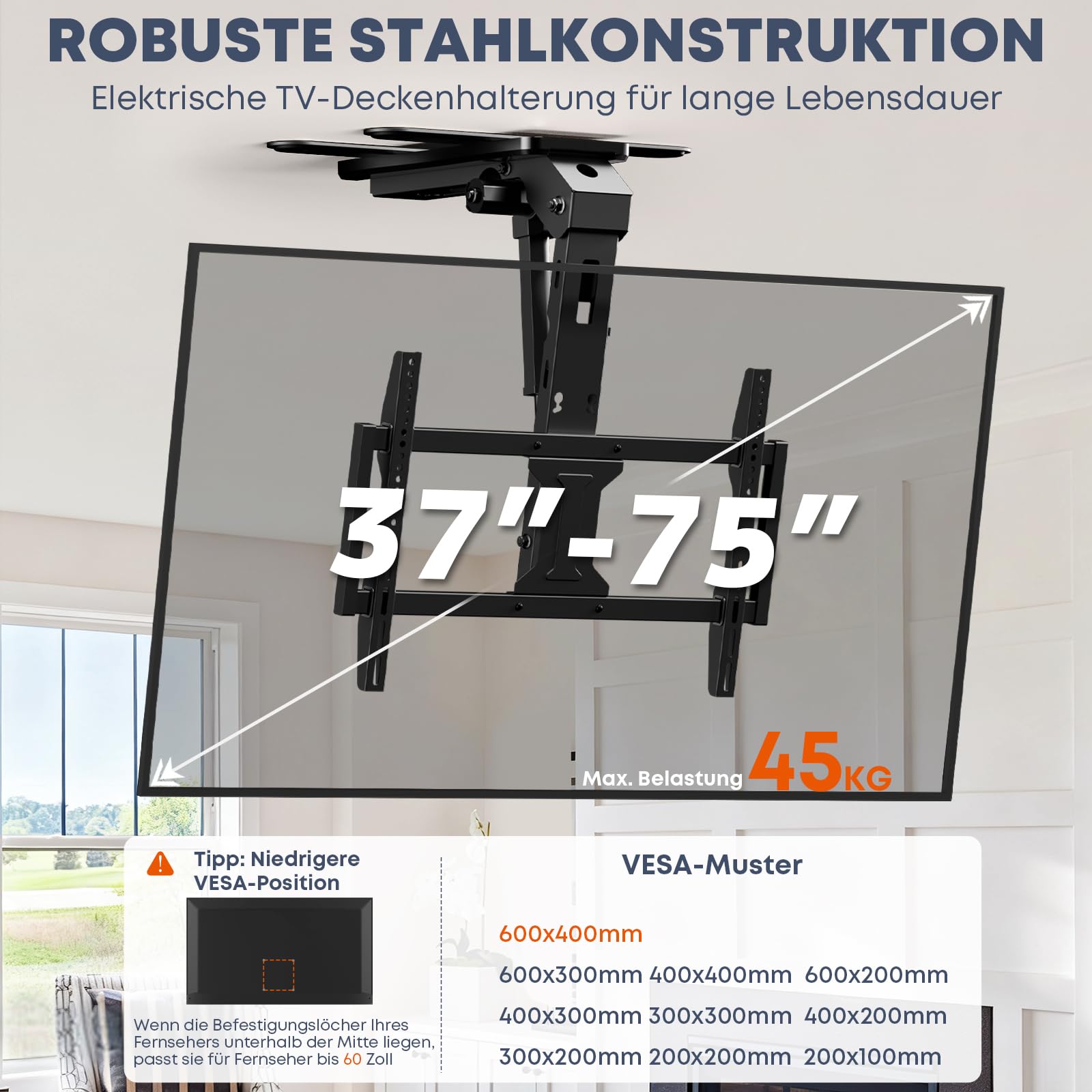 TV-Deckenhalterung Elektrisch für 37-75 Zoll - TV Halterung Decke Elektrisch Klappbar, Neigbar, Mit Fernbedienung, Belastung bis 45 KG, Schwarz