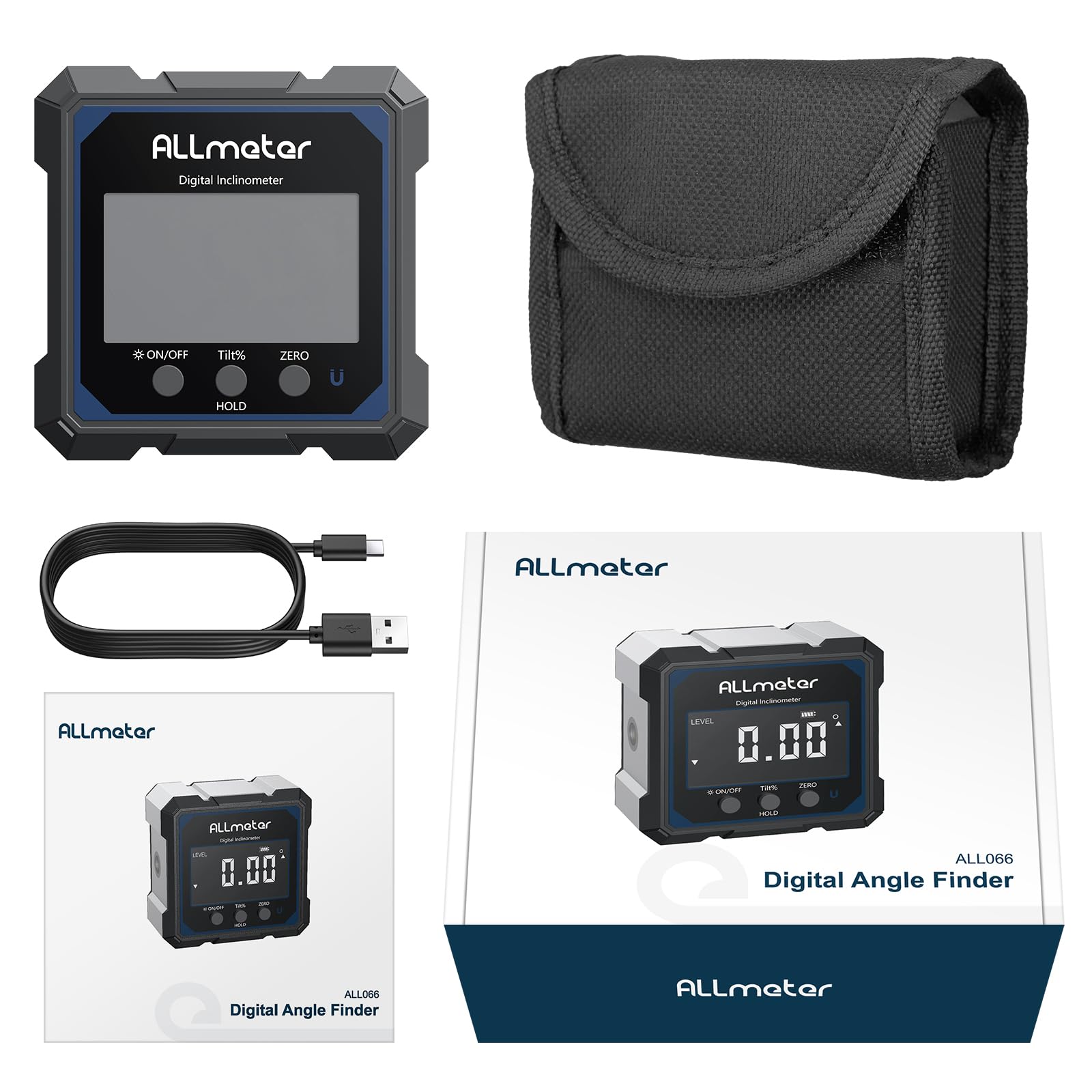 Inclinometro Digitale Ricaricabile con Laser a Quattro Lati, Misuratore Angolare Digitale con Laser, Display LCD, Campo di Misura 4×90°, Impermeabile IP54, per Lavori in Legno, Edilizia