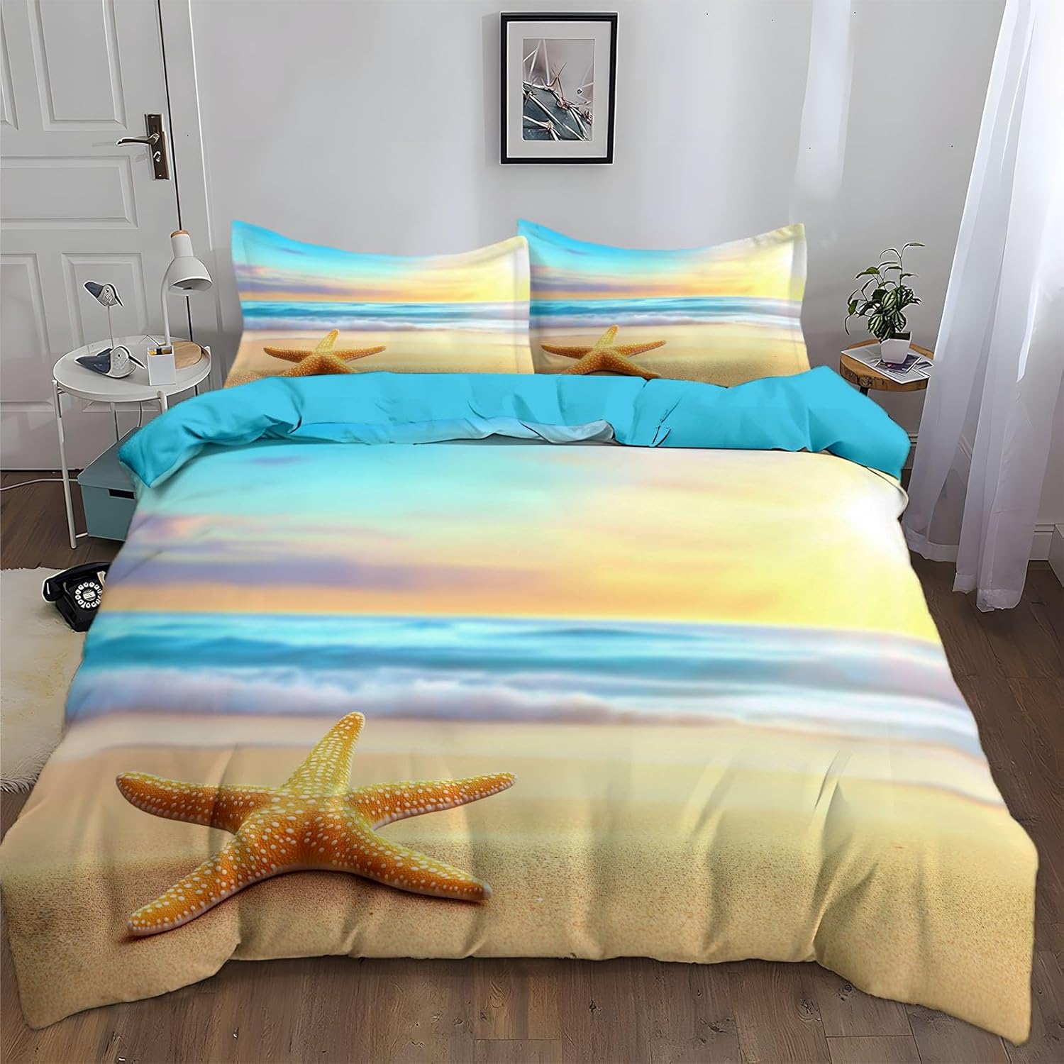 Reversible 100% Microfiber Duvet Cover Set - Golden Beach and Blue Sea Seascape Pattern- 2 Piece Botanical Bedding Set with 1 Shams 50x75 cm - Toddler Sky Blue Soft Lightweight Bedding