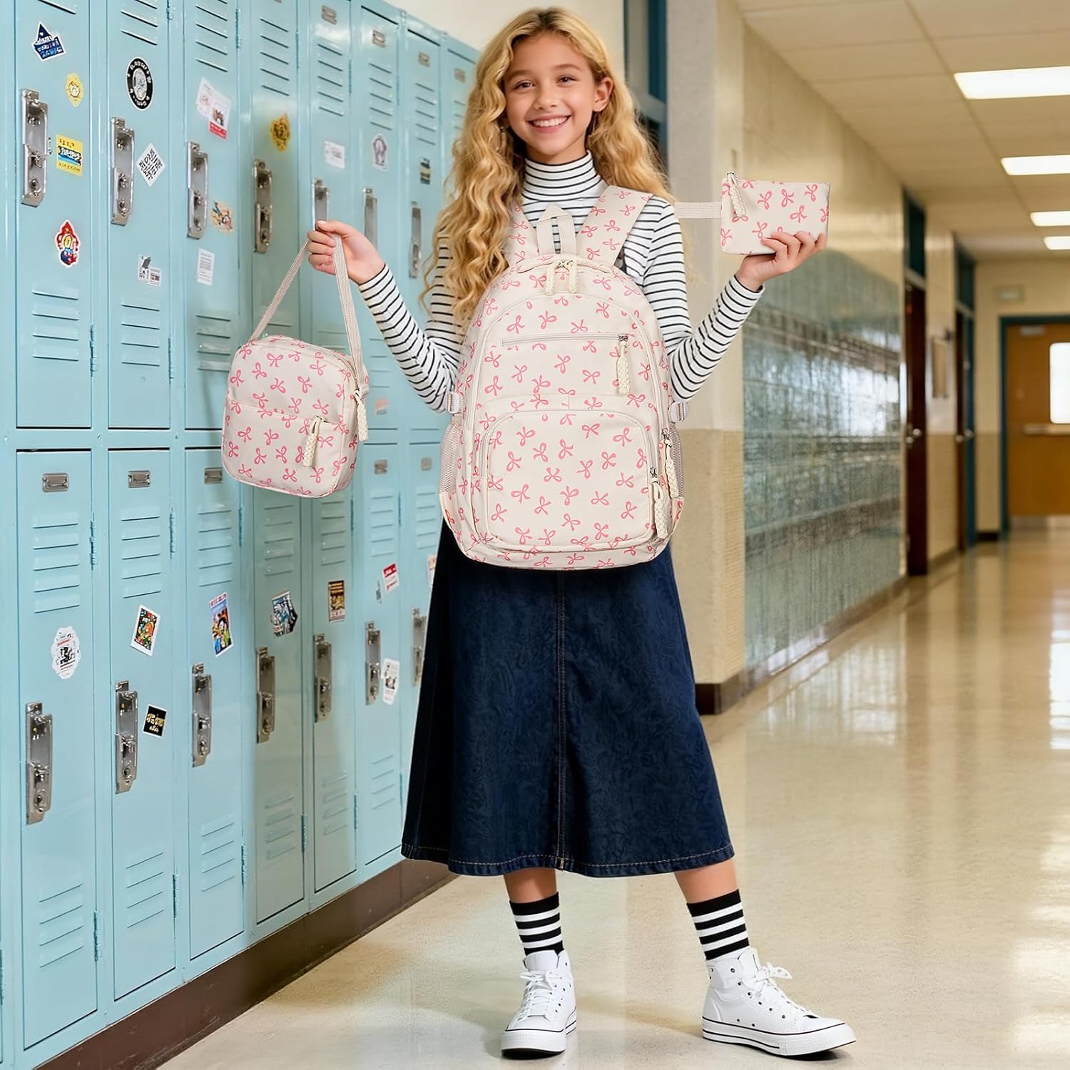 Bow Backpack for Women Kawaii Coquette Nylon Backpack 3Pcs Set Cute College Laptop Rucksack Fashion Travel Daypack (White Pink) - Image 7