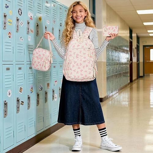 Miniatura 7 de Mochila con lazo para mujer, mochila kawaii de nailon coquette, juego de 3 piezas, linda mochila para computadora portátil universitaria, mochila de