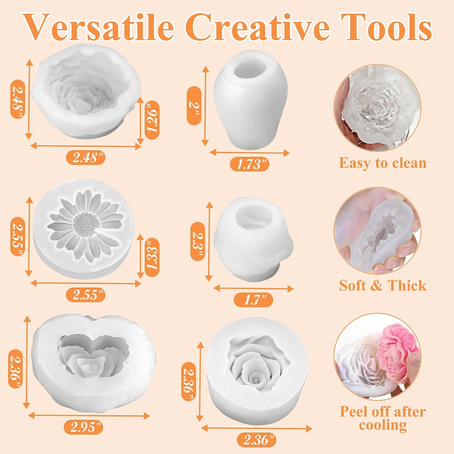 6 Pcs Flower Silicone Candle Molds Set, 3D Realistic Daisy Peony Rose Tulip Silicone Molds, Easy Release Flexible Molds for DIY Candles, Soap Making, Epoxy Resin Craft