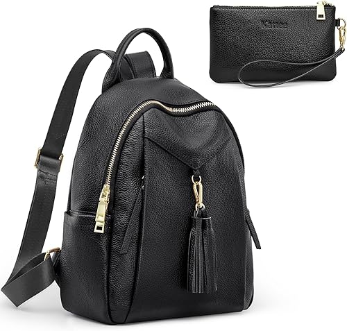 Kattee Mochila de cuero genuino para mujer, suave, casual, bolsa de viaje de moda con cartera de muñeca, Negro -