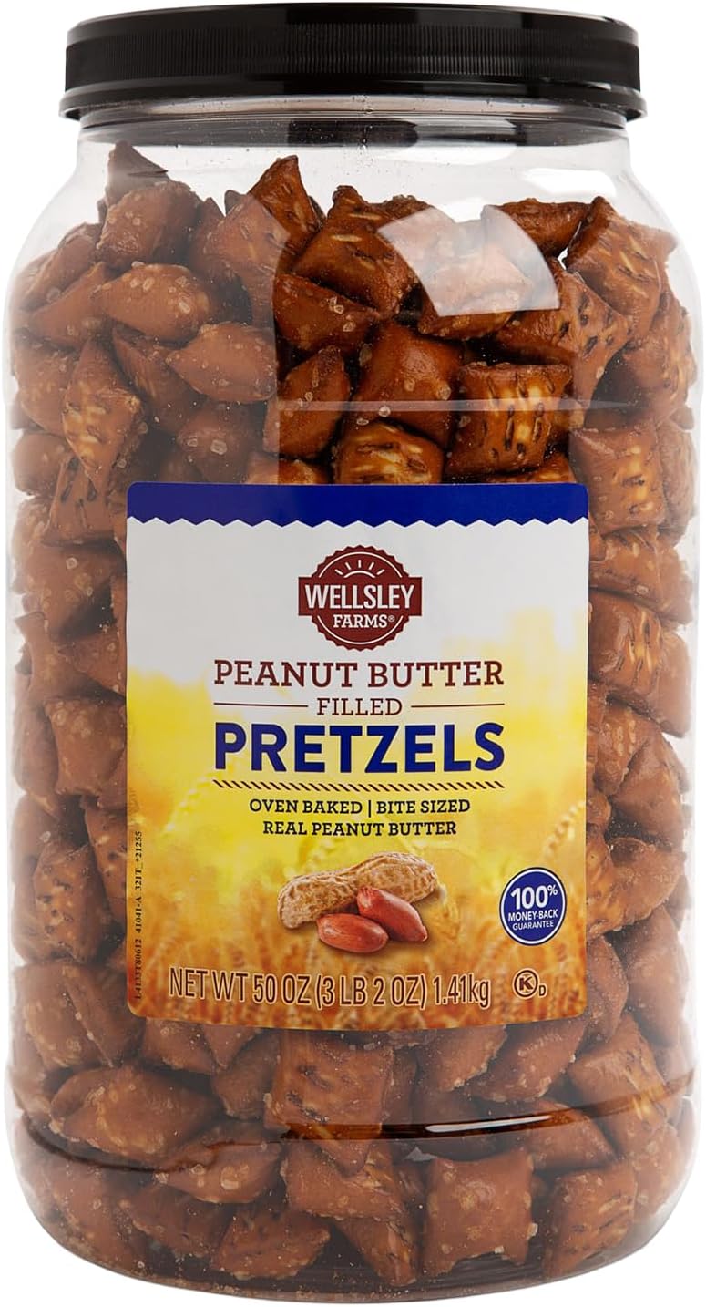 Wellsley Farms Peanut Butter Filled Pretzels, Crunchy Nuggets with Real, Salty Snacks for Adults & Kids, Perfect for Parties, Movies & On-the-Go, Kosher, 50 oz Resealable Jar