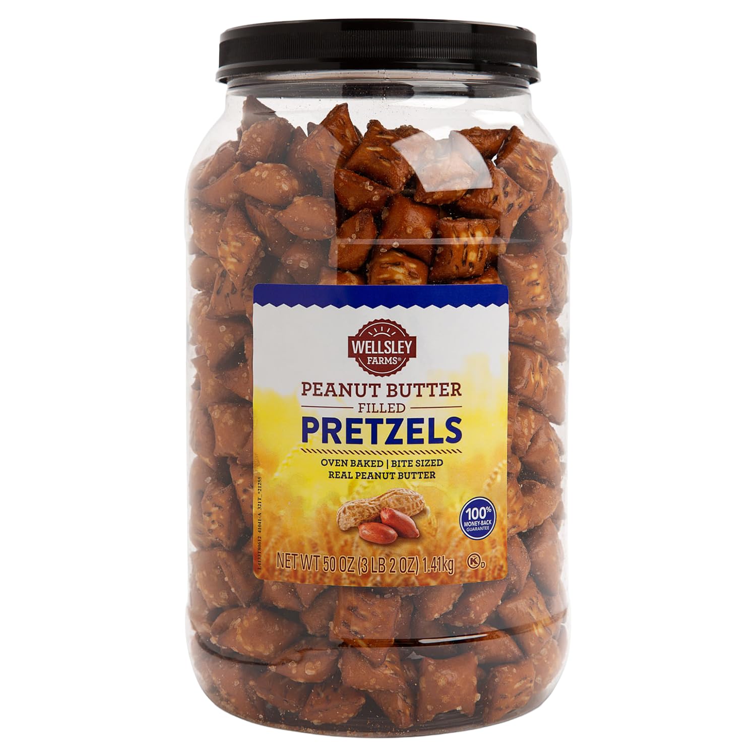 Wellsley Farms Peanut Butter Filled Pretzels - Crunchy Pretzel Nuggets with Real Peanut Butter - Salty Snacks for Adults & Kids - Perfect for Parties, Movies & On-the-Go - Kosher, 50 oz Resealable Jar
