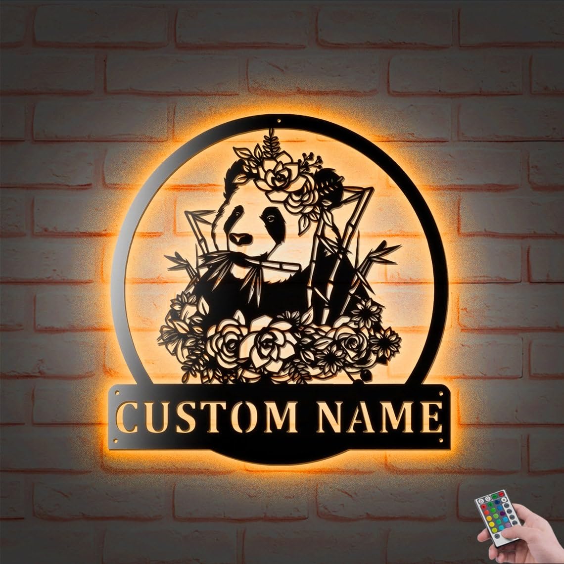 Custom Floral Panda Wall Art With LED Lights, Personalized Panda Name Sign Decoration For Living Room, Panda With Flowers on Head Home Decor