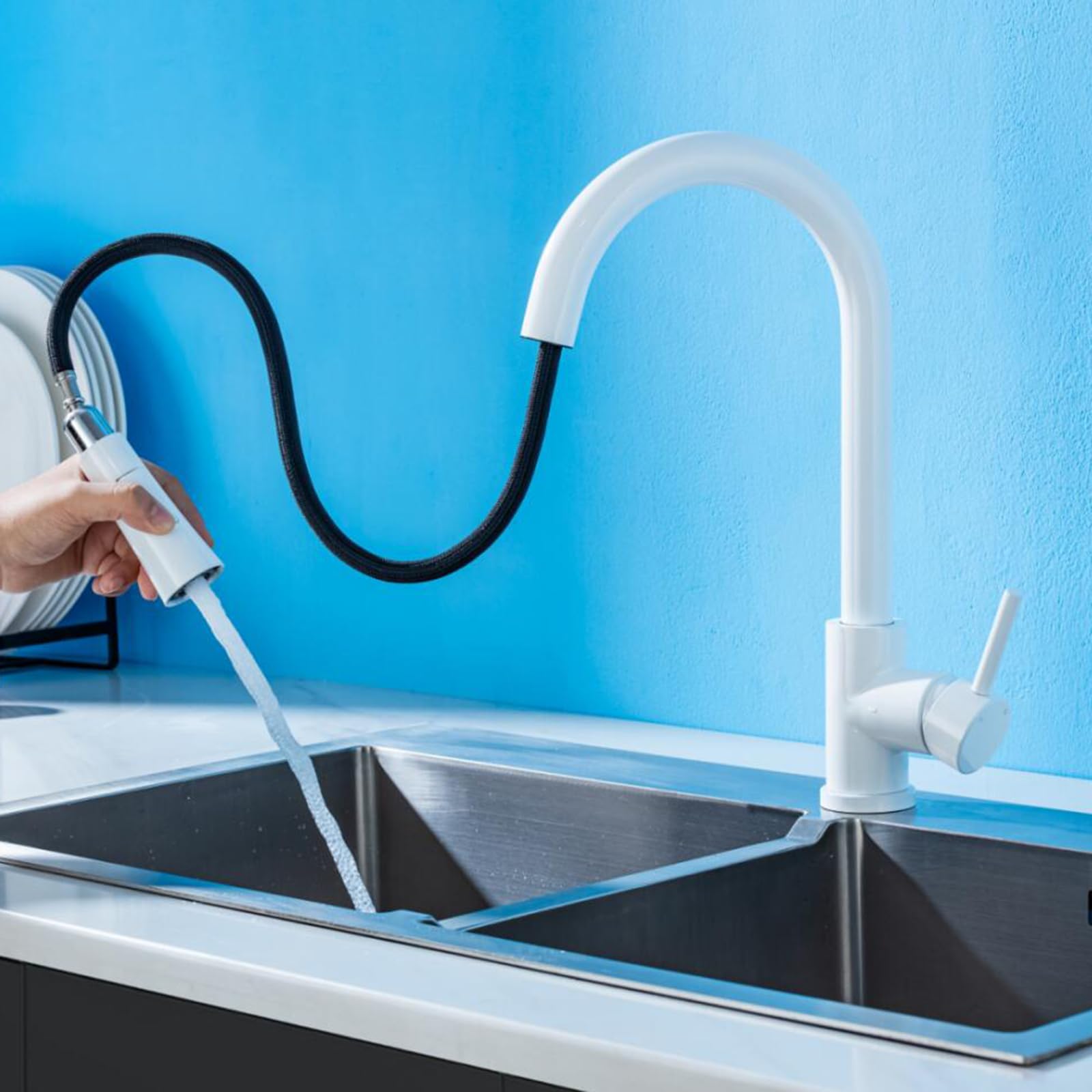 Grifo Mezclador Moderno para baño y Cocina con rociador extraíble, Acero Inoxidable Blanco, 2 Modos de Agua fría y Caliente, Monomando, Blanco