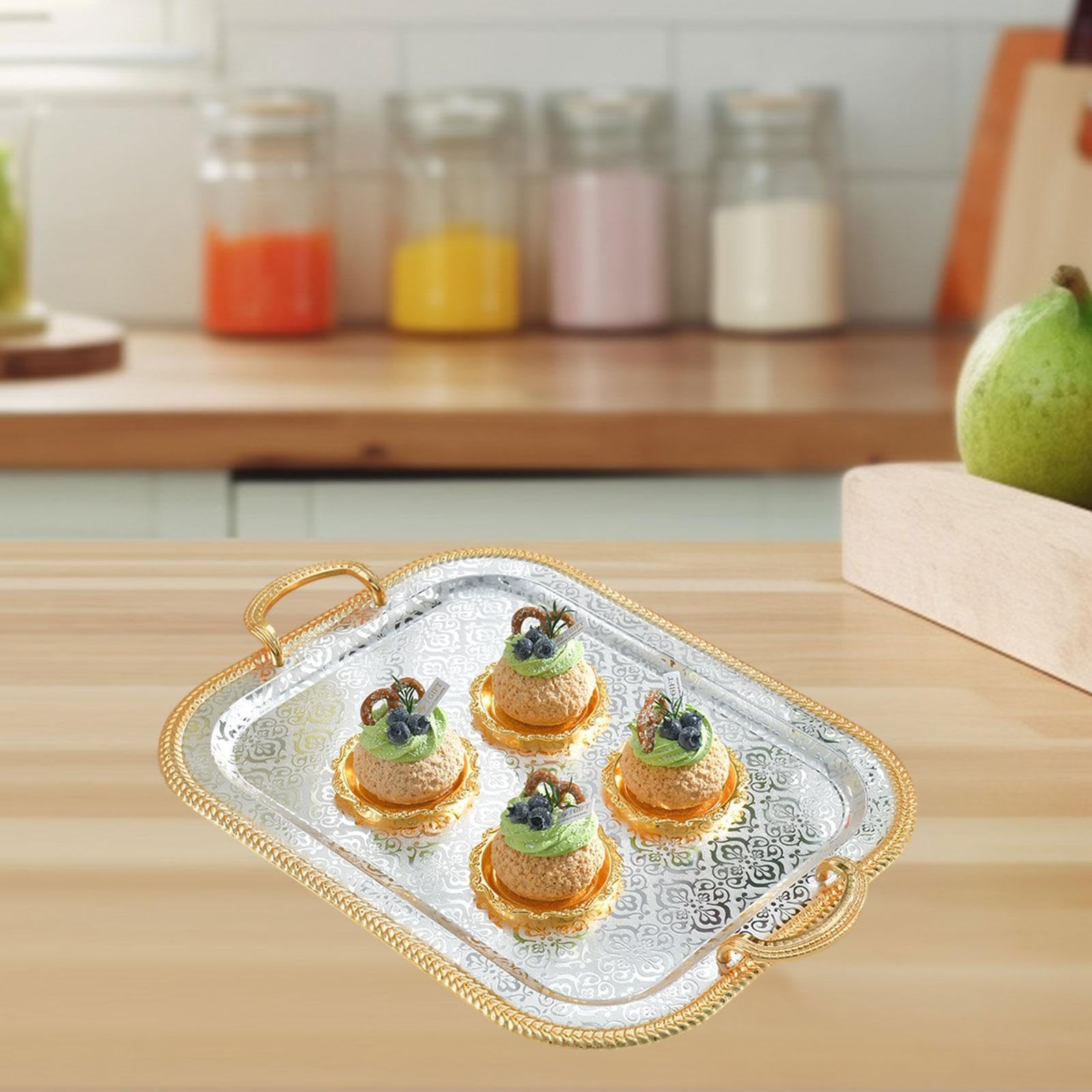 Bandeja para Servir, Soporte para Tazas de Té, Bandeja de Postre de Hierro con Asas, Bandeja Decorativa, Bandeja para Comida para Restaurante, Hogar, L
