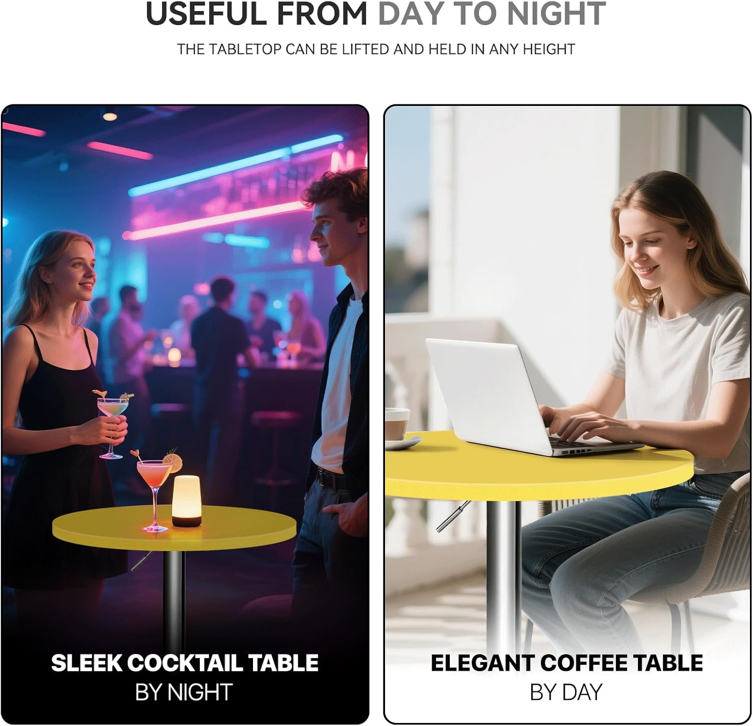 23.5 Inch Round Pub Table, Adjustable Height 27.5" - 36", 360° Swivel High Top for Dining Room, Kitchen, Patio or Bar, Metal Base, Yellow