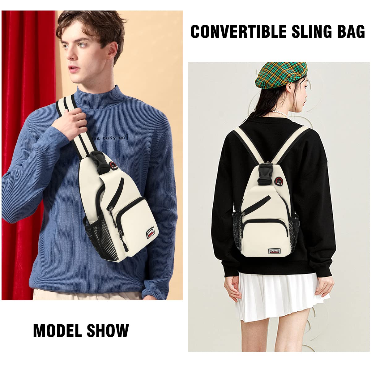 HNOOM Zaino Monospalla Donna Piccolo Sling Bag con Foro per Auricolare Marsupio Donna Tracolla in Tessuto Oxford per Scuola Outdoor Ciclismo Viaggio Hiking Multitasche Piccolo Zaino (Bianco)