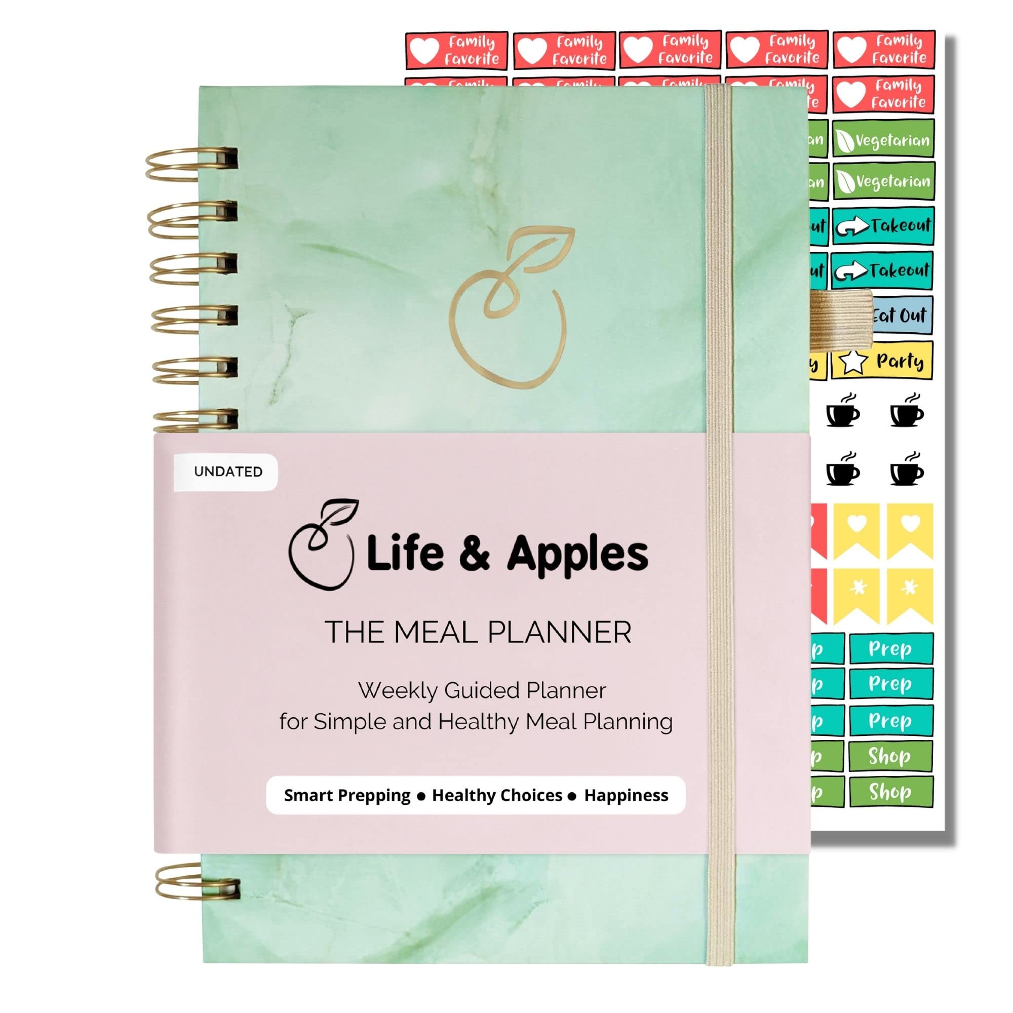 Life & ApplesMeal Planner with Grocery List – Undated Weekly Menu & Meal Prep Notebook for Women & Men, Healthy Eating & Weight Loss Planner, 52-Week Spiral Bound Journal, Mint