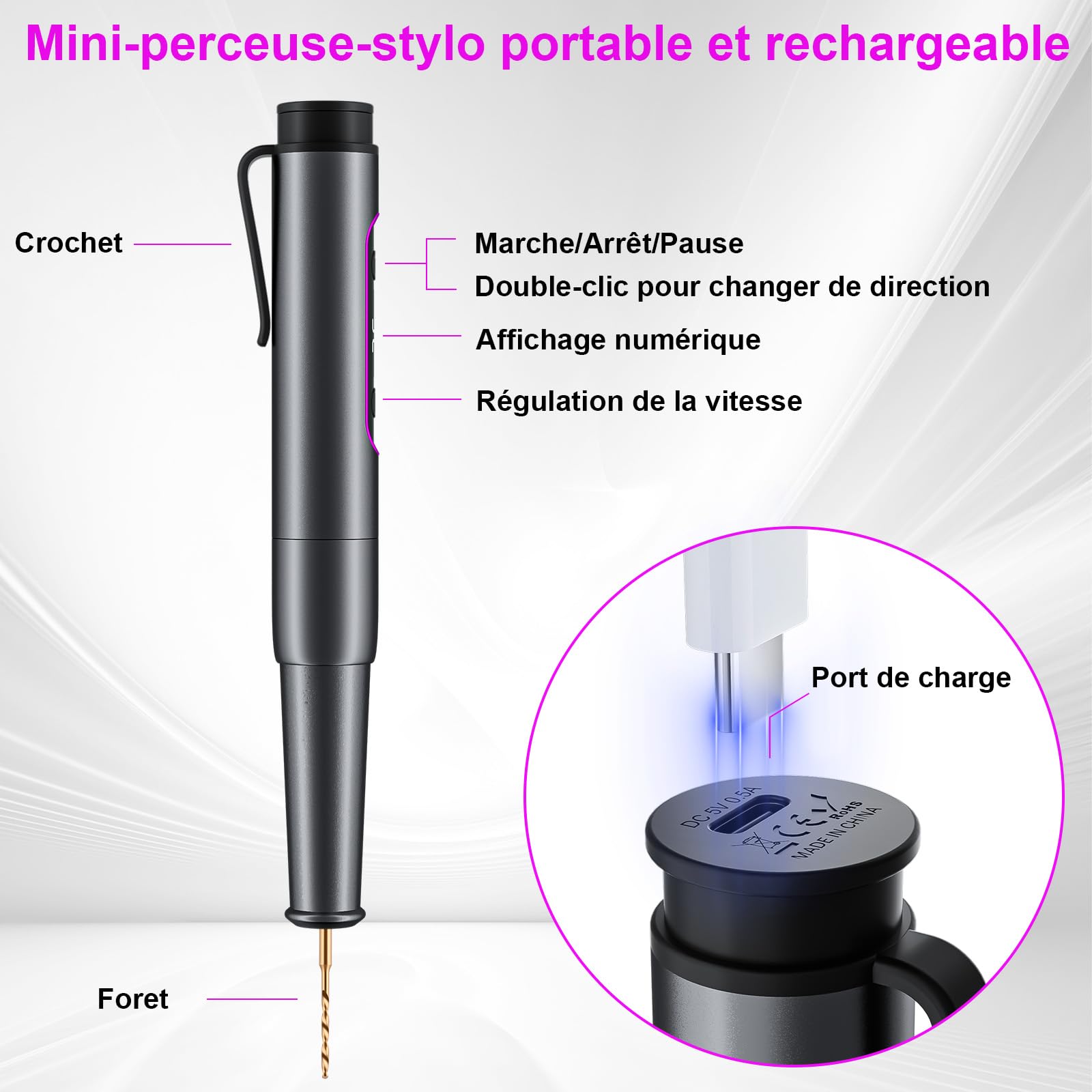 Mini Stylo Perceuse Électrique, GuKKK Mini Perceuse Sans Fil à 5 Vitesses, Mini Perceuse Électrique Manuelle avec 10 Petits Forets, pour Résine, Bijoux, Circuit Imprimé, Cuir, Plastique