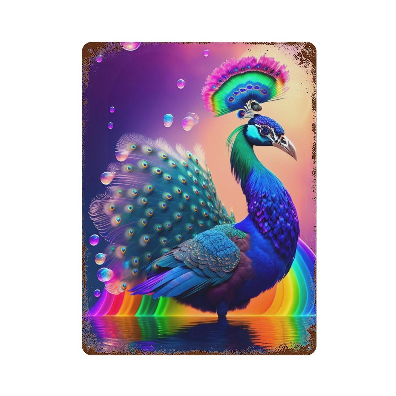 Colorful Peacock Rainbow Reflection 15.7"x11.8" Distressed Metal Wall Sign, Shabby Chic Decor for Office, Studio And Wall Decor