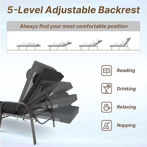 Miniatura 4 de Gotland Juego de tumbonas para patio al aire libre, sillón reclinable de ratán con respaldo ajustable, 3 piezas acolchadas para patio, tumbona