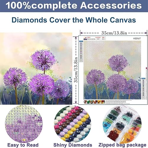 Miniatura 2 de HSENJT Kit de pintura de diamantes para bricolaje, diente de león morado, flores, arte de diamantes para adultos, 14 x 14 pulgadas, kit de pintura