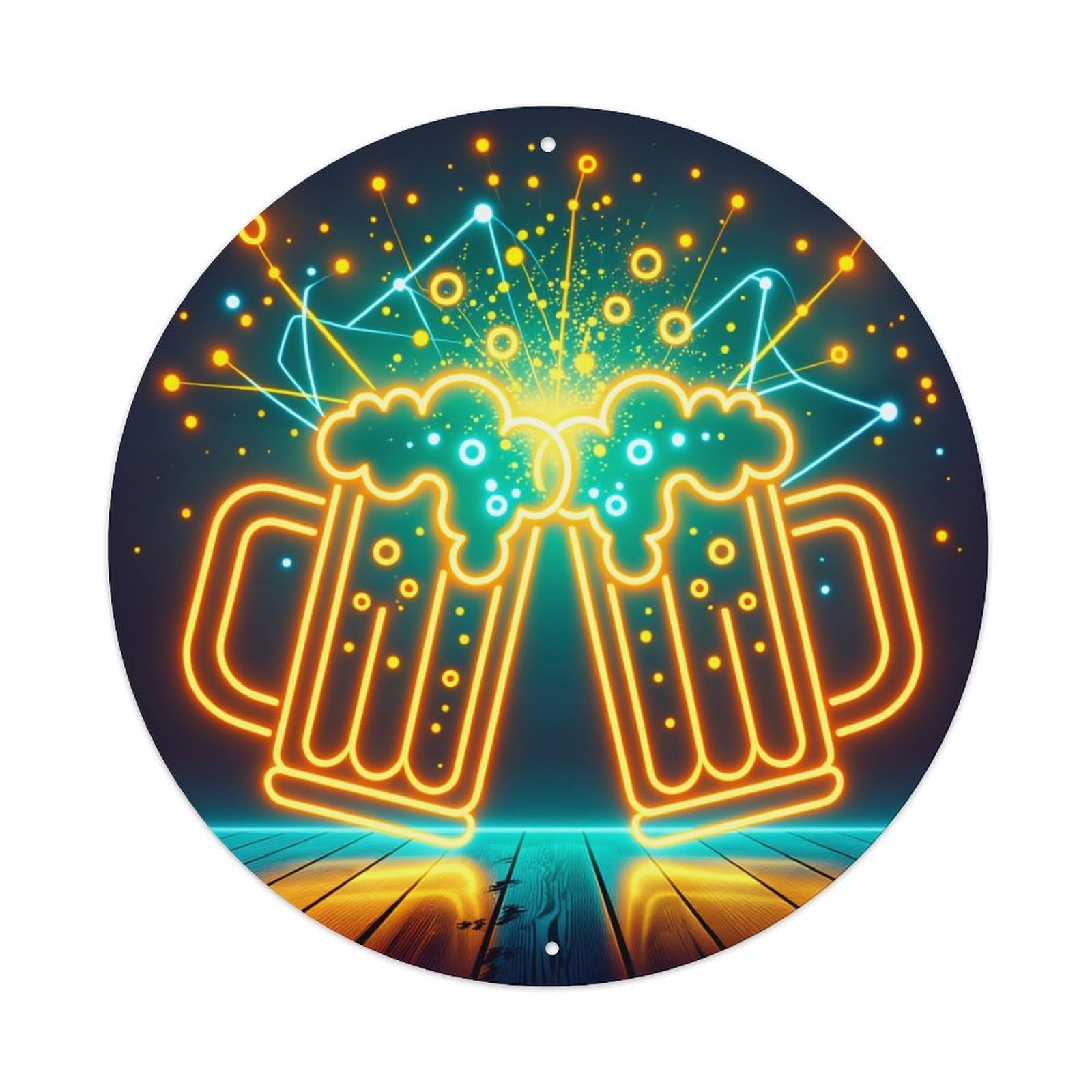 Wmlzdnwr Vintage Neon Beer Mugs Glowing Celebration Lights Background Round Tin Sign,Retro Wall Art,Metal Poster For Home, Bar, Garage, Cafe, Rustic Indoor & Outdoor Decor, 8X8 Inches