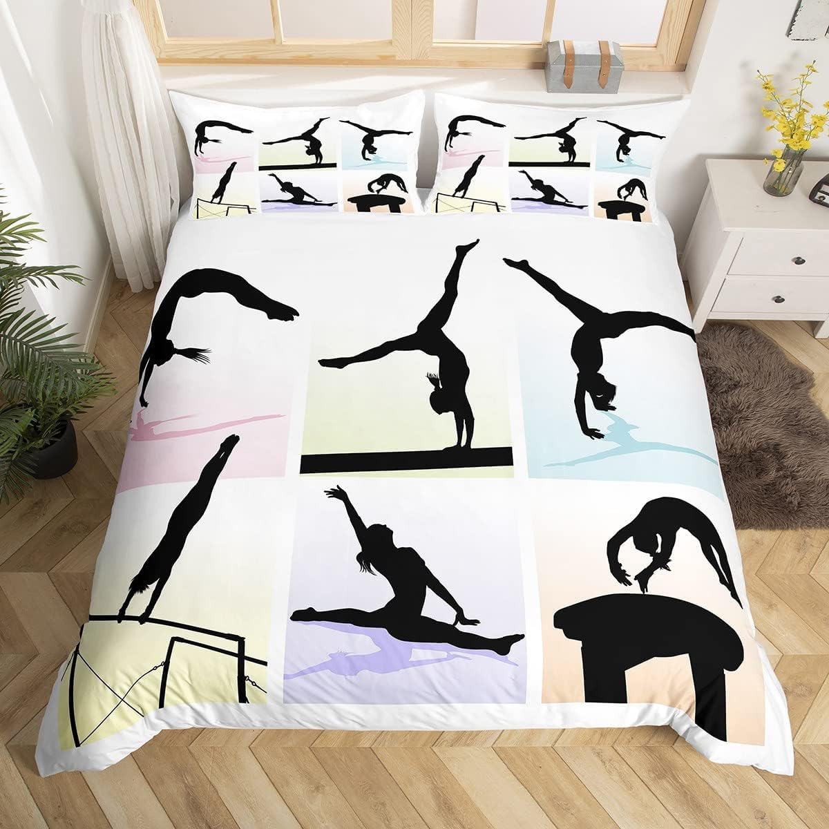 Homewish Gymnastics Bedding Sets Double Dance Princess Comforter Cover for Teen Girls, Geometric Checkered Bed Set Colorful Gymnast Patchwork Duvet Cover, Ballet Dancer Quilt Cover (Zipper Closure)