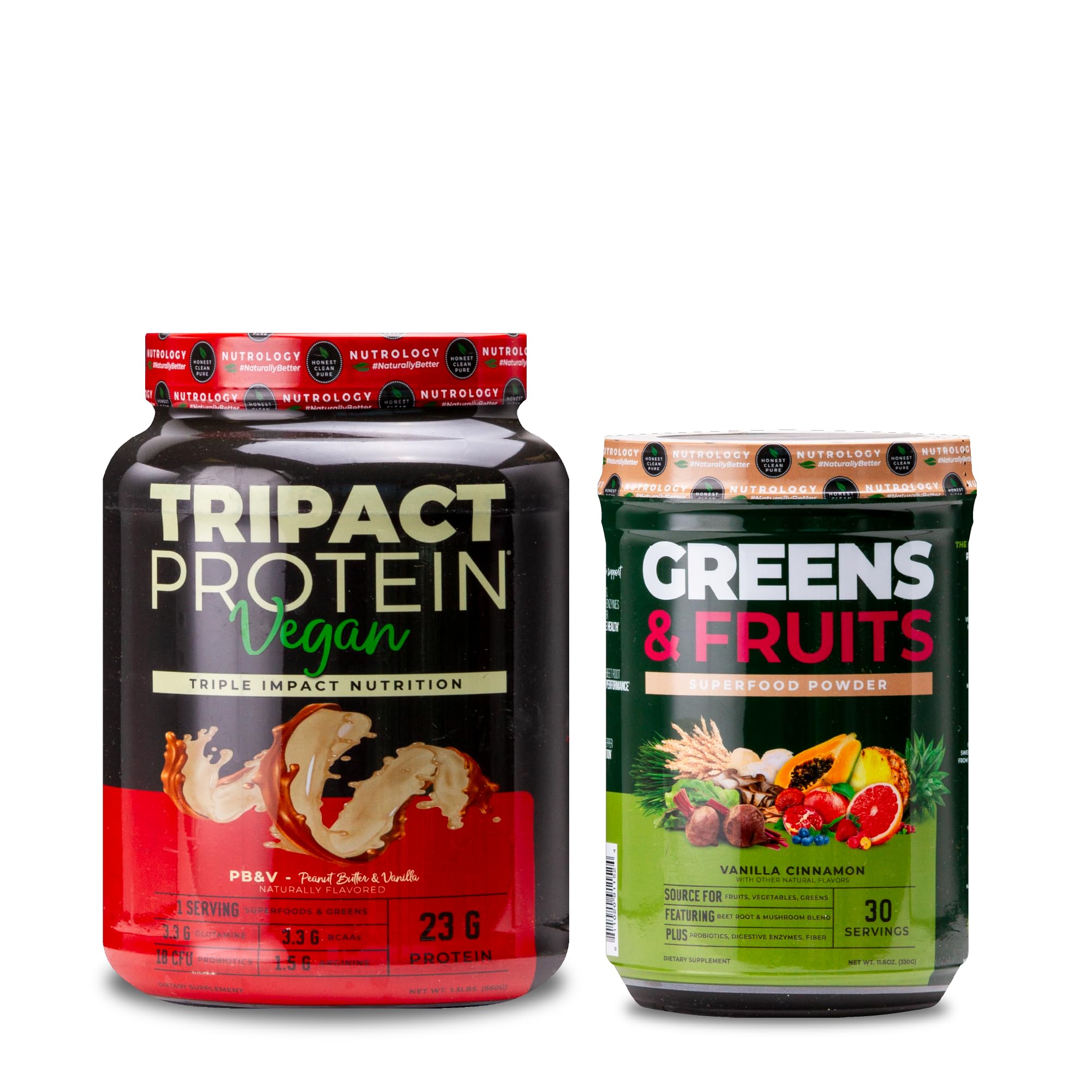Nutrology Greens & Fruits Powder-Naturally Sourced Superfood, Vanilla Cinnamon (30 Servings) TRIPACT Vegan Protein Powder, Peanut Butter Vanilla (20 Servings)