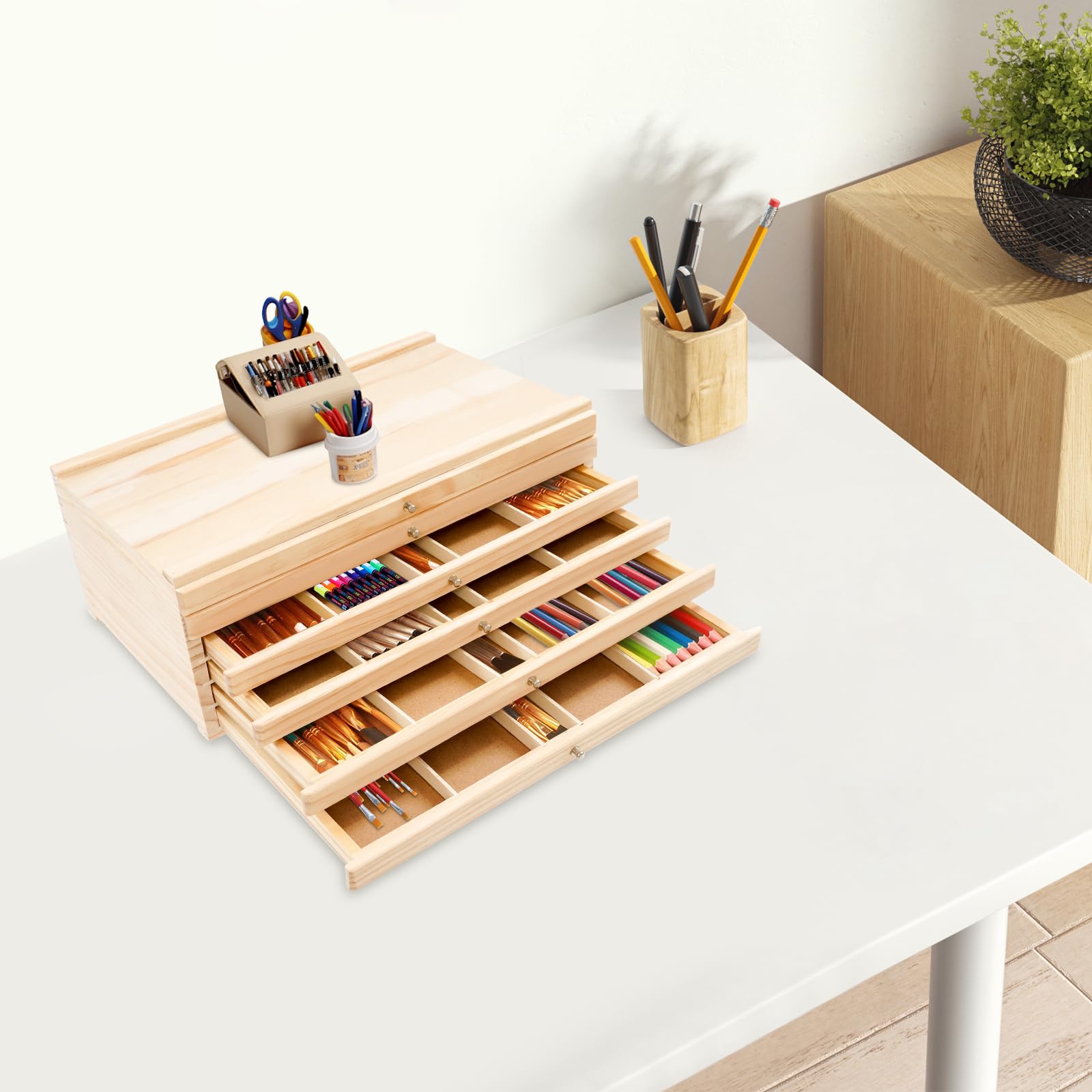 Caja de almacenamiento para artistas, 6 cajones, rotulador de pinceles, caja de madera, utensilios de pintura, organización, estudio, oficina, escuela, diseño moderno, compacto para los
