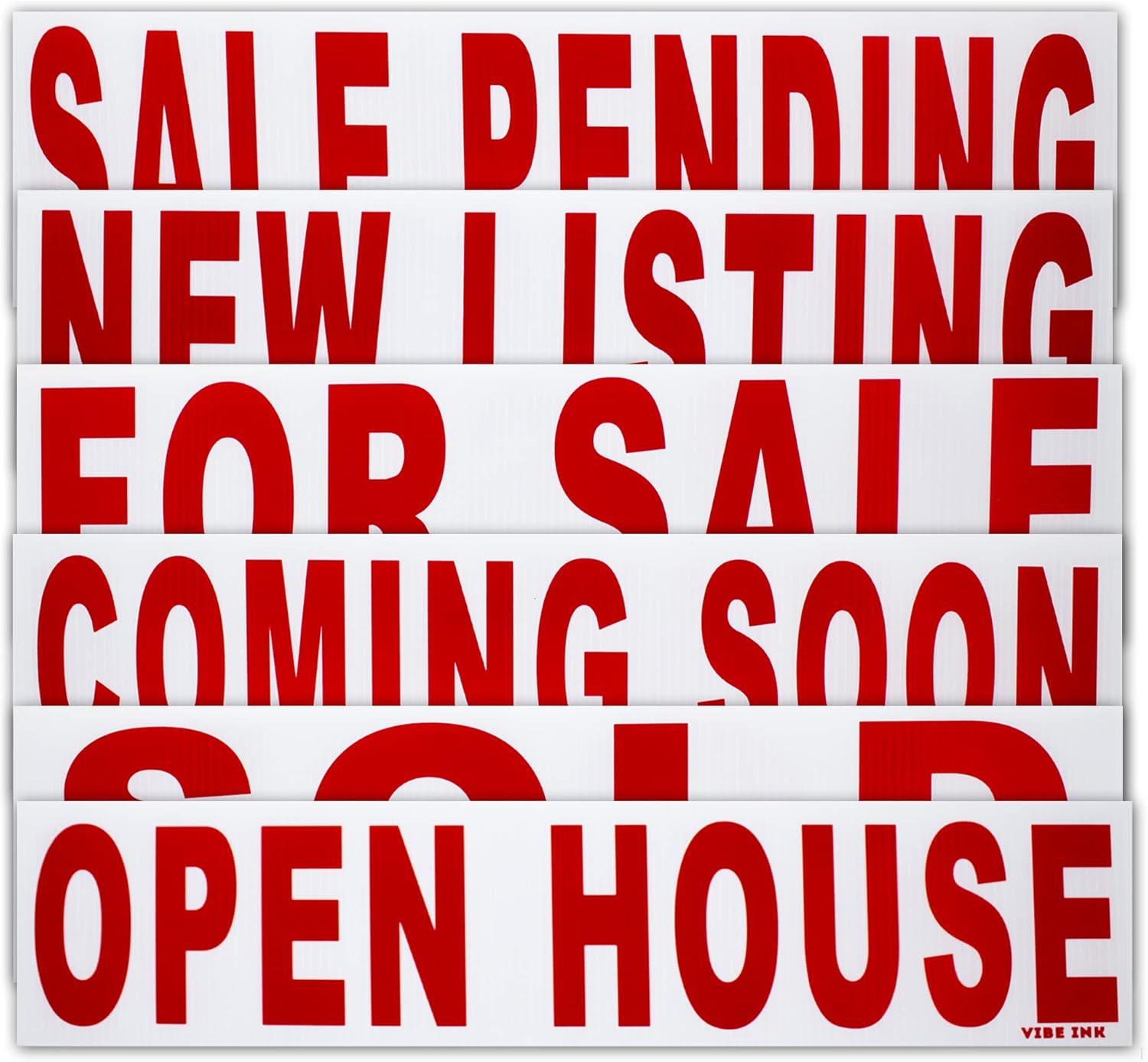 6 Pack Bundle of Real Estate Rider Signs 6x24" - FOR SALE, OPEN HOUSE, SOLD, COMING SOON, SALE PENDING, NEW LISTING - Double-Sided Waterproof Corrugated Plastic Made in America (Red Letters)