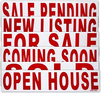 6 Pack Bundle of Real Estate Rider Signs 6x24" - FOR SALE, OPEN HOUSE, SOLD, COMING SOON, SALE PENDING, NEW LISTING - Double-Sided Waterproof Corrugated Plastic Made in America Red Letters