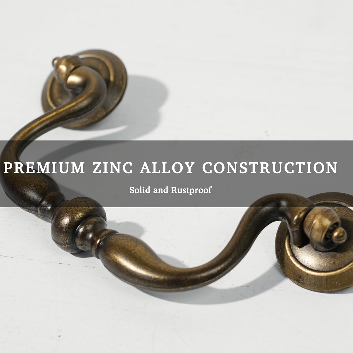 Antique Brass Drop Bail Drawer Pulls 4 Pack, 4 Inch Hole Center, Vintage Cabinet Handles with Traditional Bead Center, Colonial Style Hardware for Dresser or Cupboard