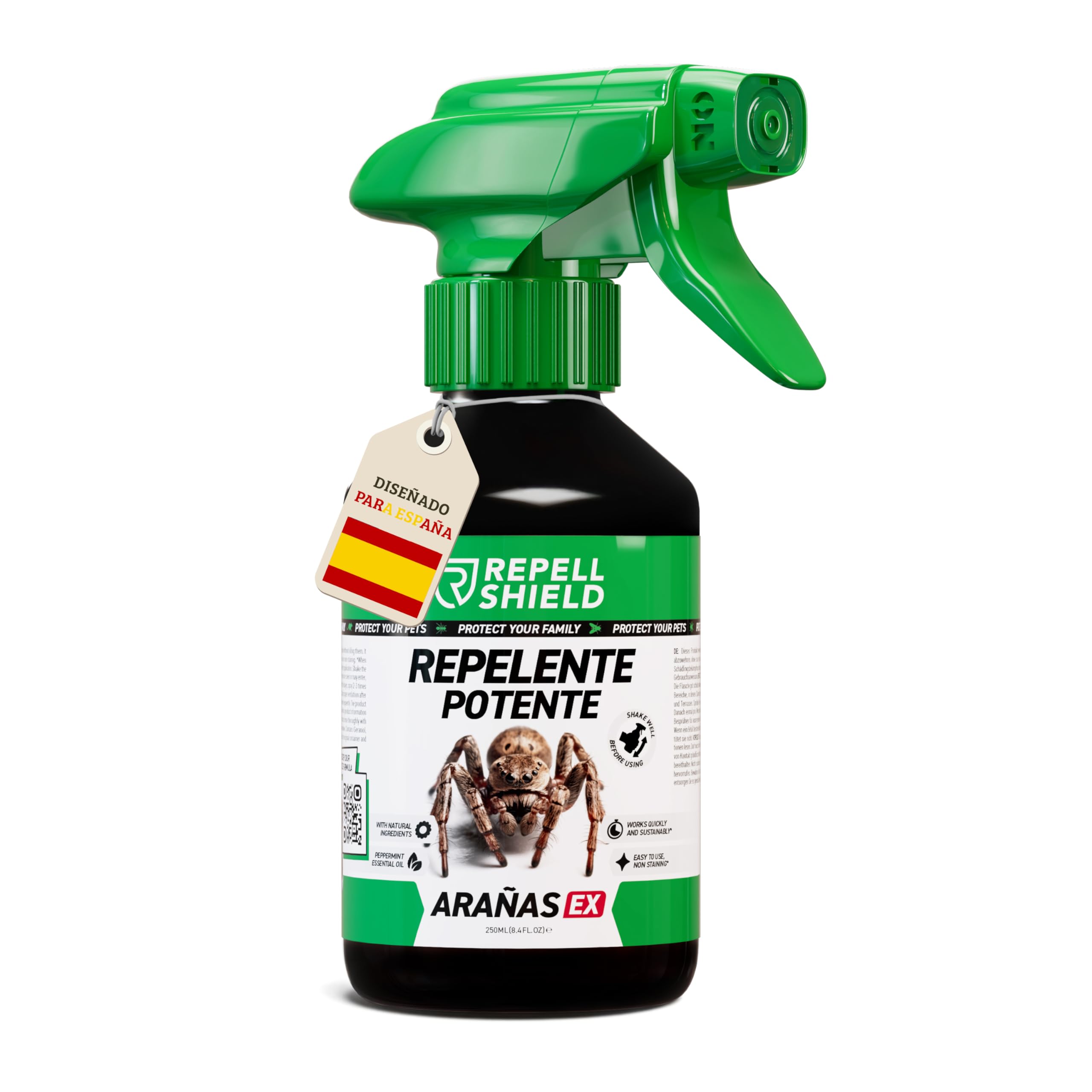 RepellShield® Spray Repelente Arañas Natural -250ml- Anti Arañas Casa con Geraniol y Aceite Esencial de Menta - Uso Interior y Exterior - Seguro para Hogar, Mascotas, Jardín - Fácil de Usar, No Mancha