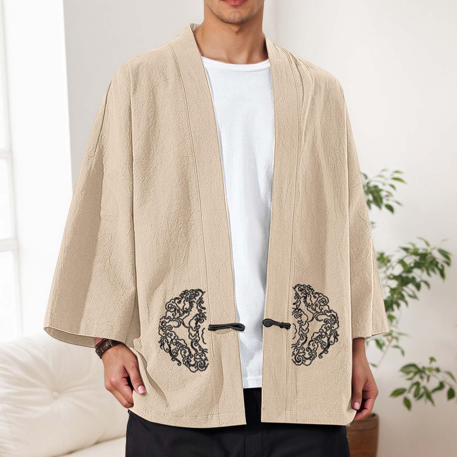 Generisch Kimono japonés para hombre Happi Haori Chaqueta tradicional Ropa de dormir Algodón Lino Abrigo Sakura Estampado Chaqueta de entretiempo Chaqueta de punto Samurai Yukata Camisón Albornoz