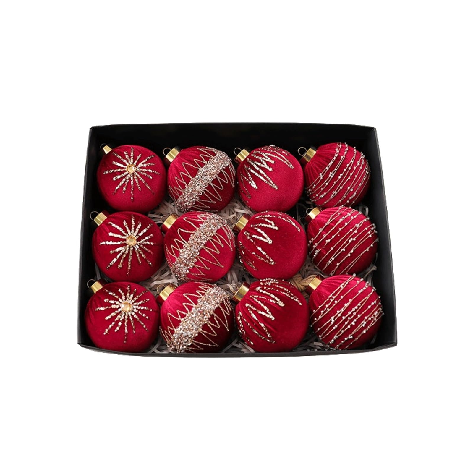 Ozdoby choinkowe, 12 sztuk aksamitnych, brokatowych ozdób choinkowych w kształcie bombek, 80 mm/3,15 cala, różne rodzaje(Rot)