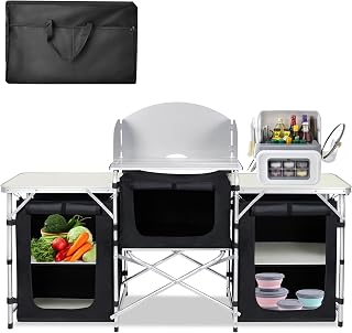 Armarios de camping al aire libre plegable cocina de camping de estructura de aluminio, tela Oxford lavable y paneles de MDF, armario de tienda de campaña, caja de cocina con bolsa de transporte