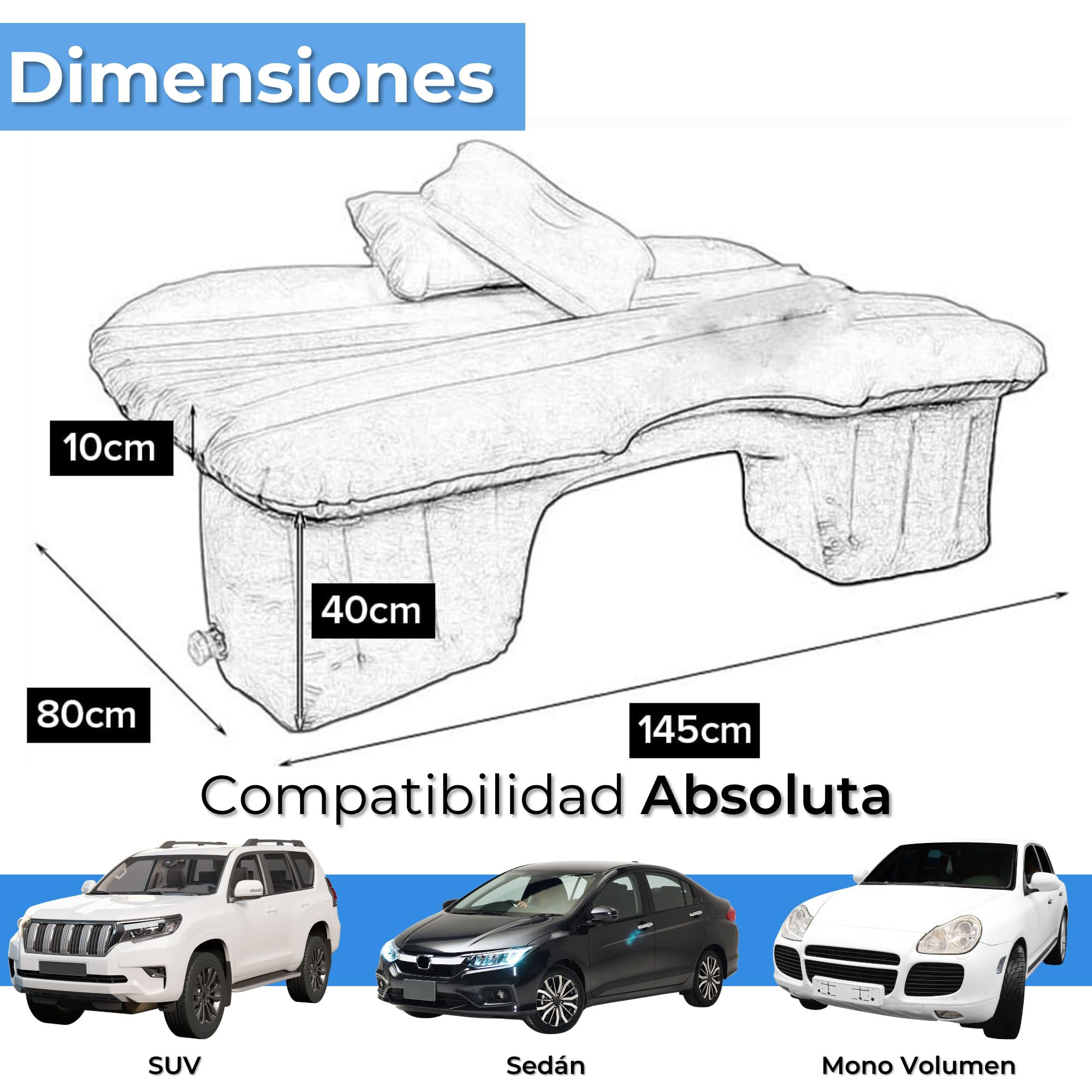 Colchón para Coche Negro con Bomba de Aire Eléctrica - Cama Hinchable para Asientos Traseros