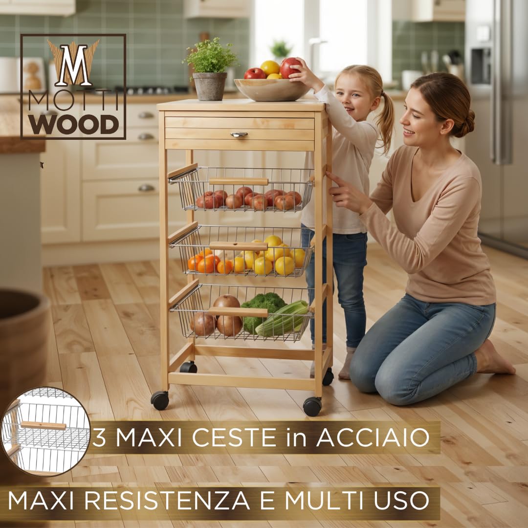 Mottiwood Carrello da Cucina in Legno, Ruote Girevoli, Legno di Faggio, 3 Cassetti Salvaspazio, Dimensiono: L 45.5 x H 87.5 x P 36.5 cm