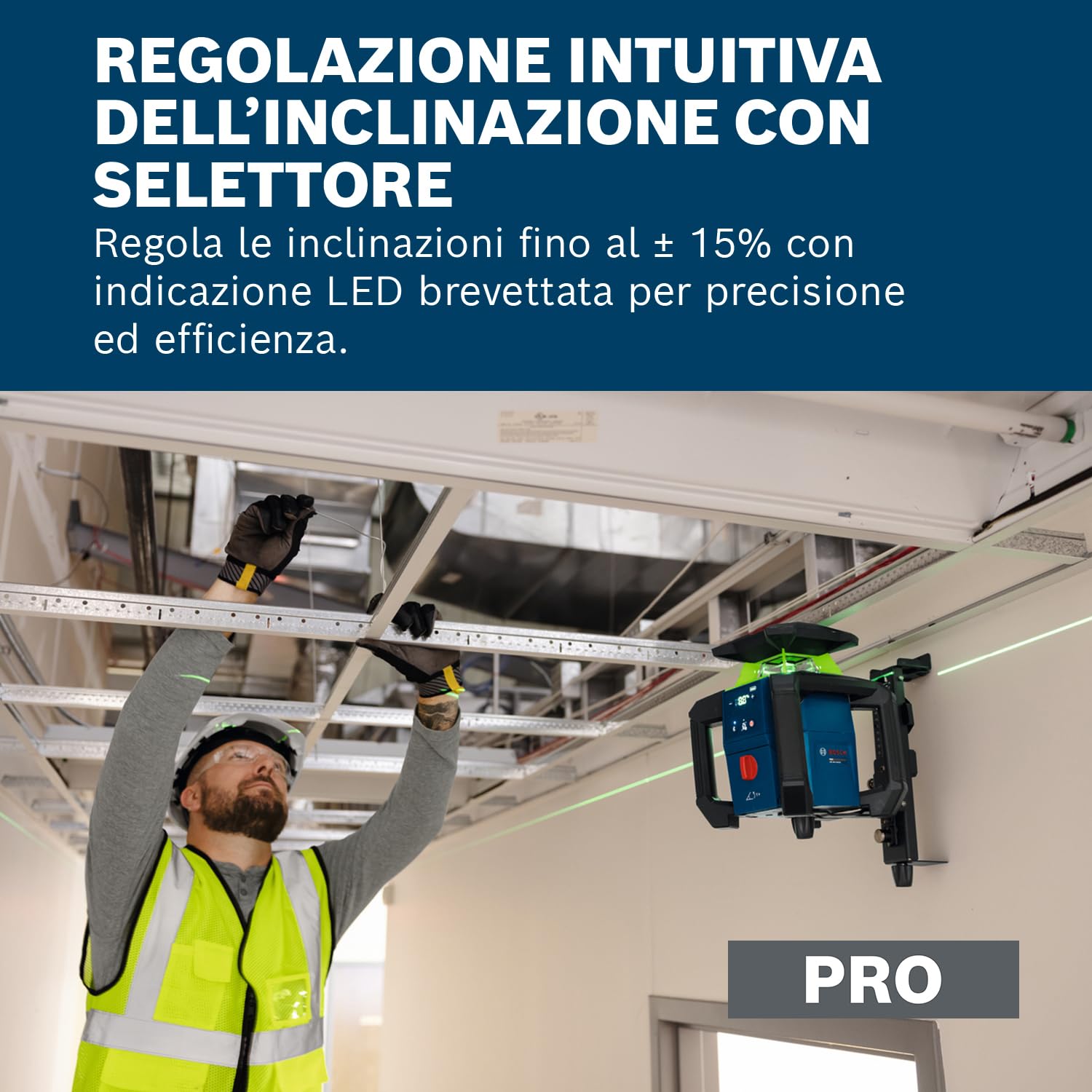 Bosch PRO 18V System Livella Laser Rotante GRL18V‑4‑34CVG (laser verde, regolazione pendenza ±15%, IP66, doppia alimentazione, incl. ricevitore LR45, ProCore 4.0Ah, caricatore e L‑BOXX 374)