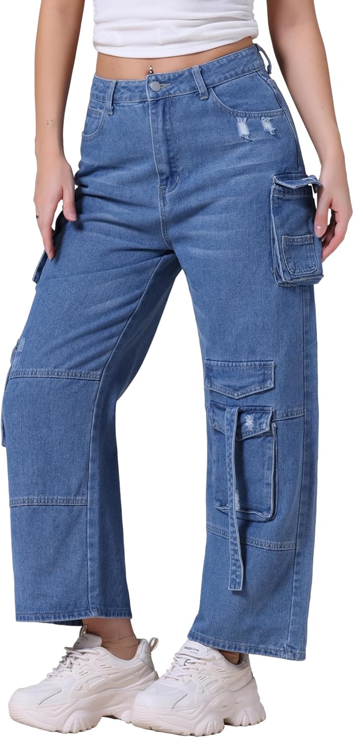 Women's Cargo Jeans Straight Wide Leg High Waist 8 Pockets Casual Baggy Denim Pants