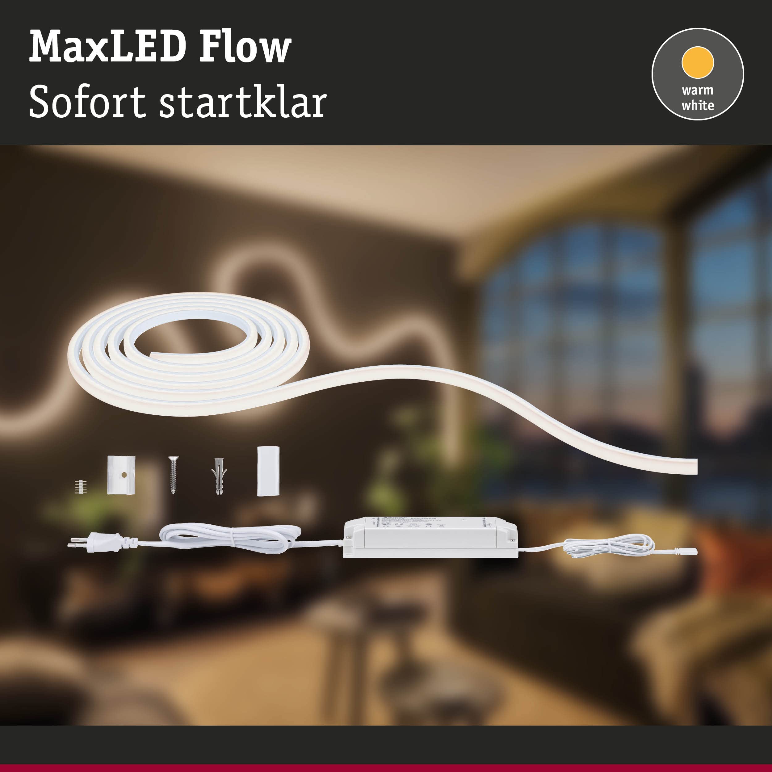 Paulmann 70963 Strip MaxLED Flow 37 W, juego básico strip LED, regulable, 3 m, blanco, plástico 2700 K blanco cálido