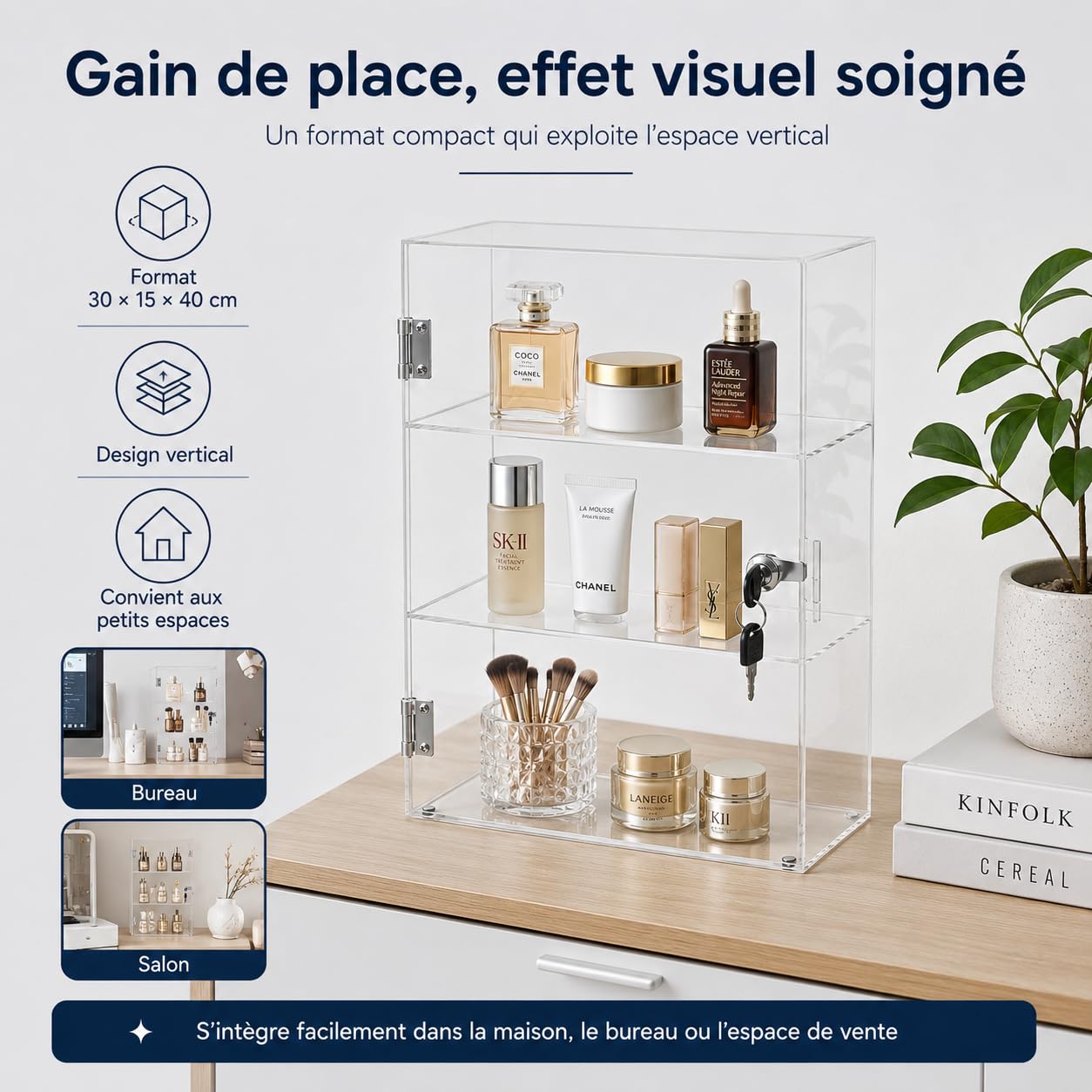 Vitrine de présentation verrouillable à 3 niveaux en acrylique, avec serrure, transparent, support d'exposition pour la maison, bureau, magasin, exposition, pièces de collection